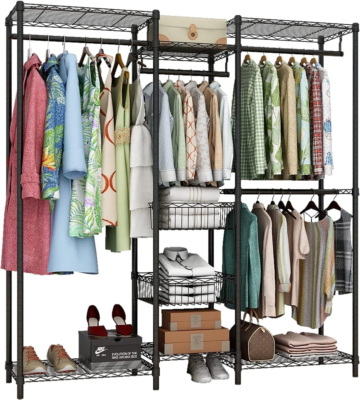 Xiofio 6 Tiers Heavy Duty Clothes Rack, Metal Clothing Rack,Clothing Storage Organizer,Garment Rack with Basket,Hanging Adjustable Garment Rack,65.0" L x 15.7" W x 76.0" H,Max Load 800LBS,Gold