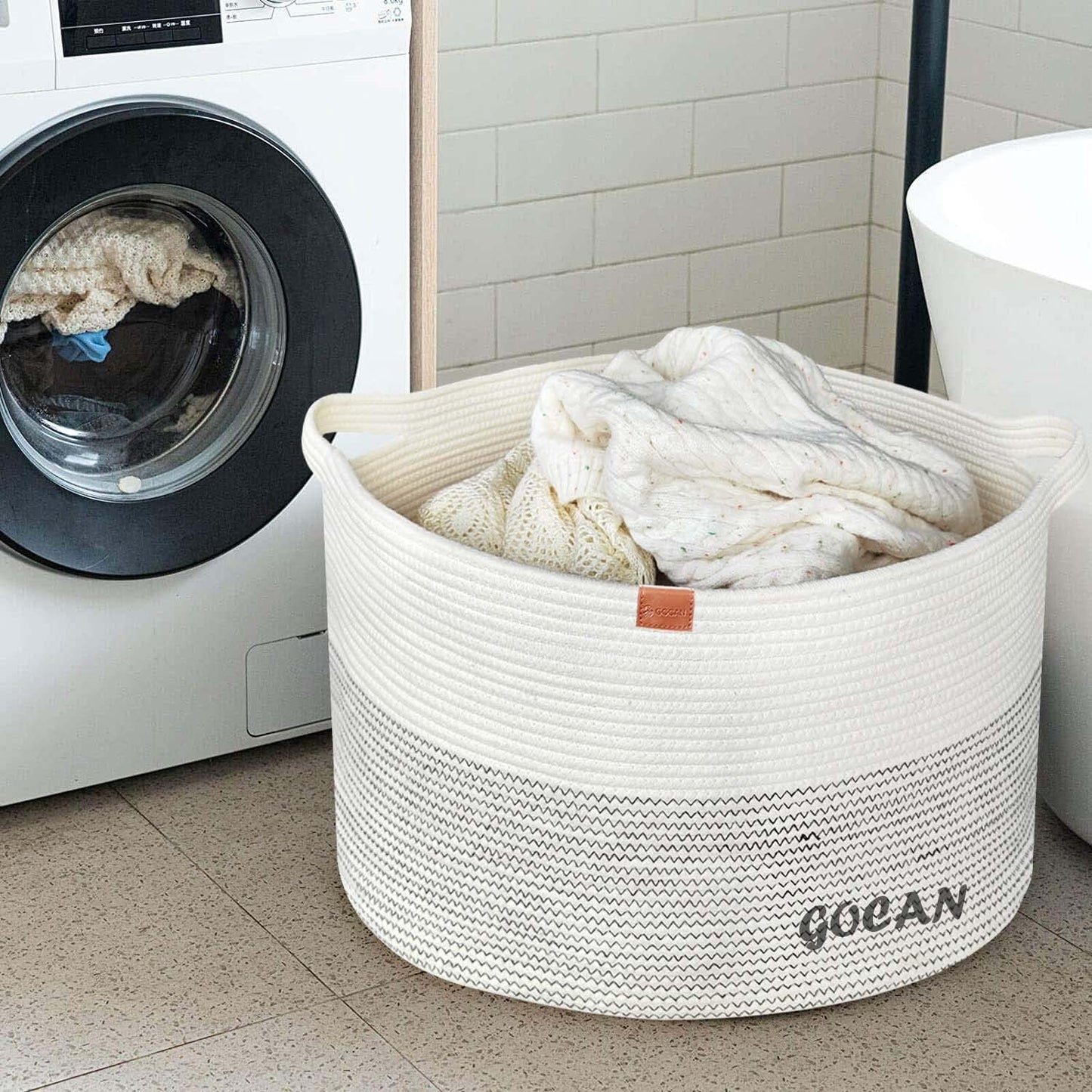 Cotton Rope Woven Laundry Basket 22"X 22"X 14" with handles(Beige) XXXL | Hand-woven, ideal for storing blankets and cushions in the living room, and clothes for household storage.