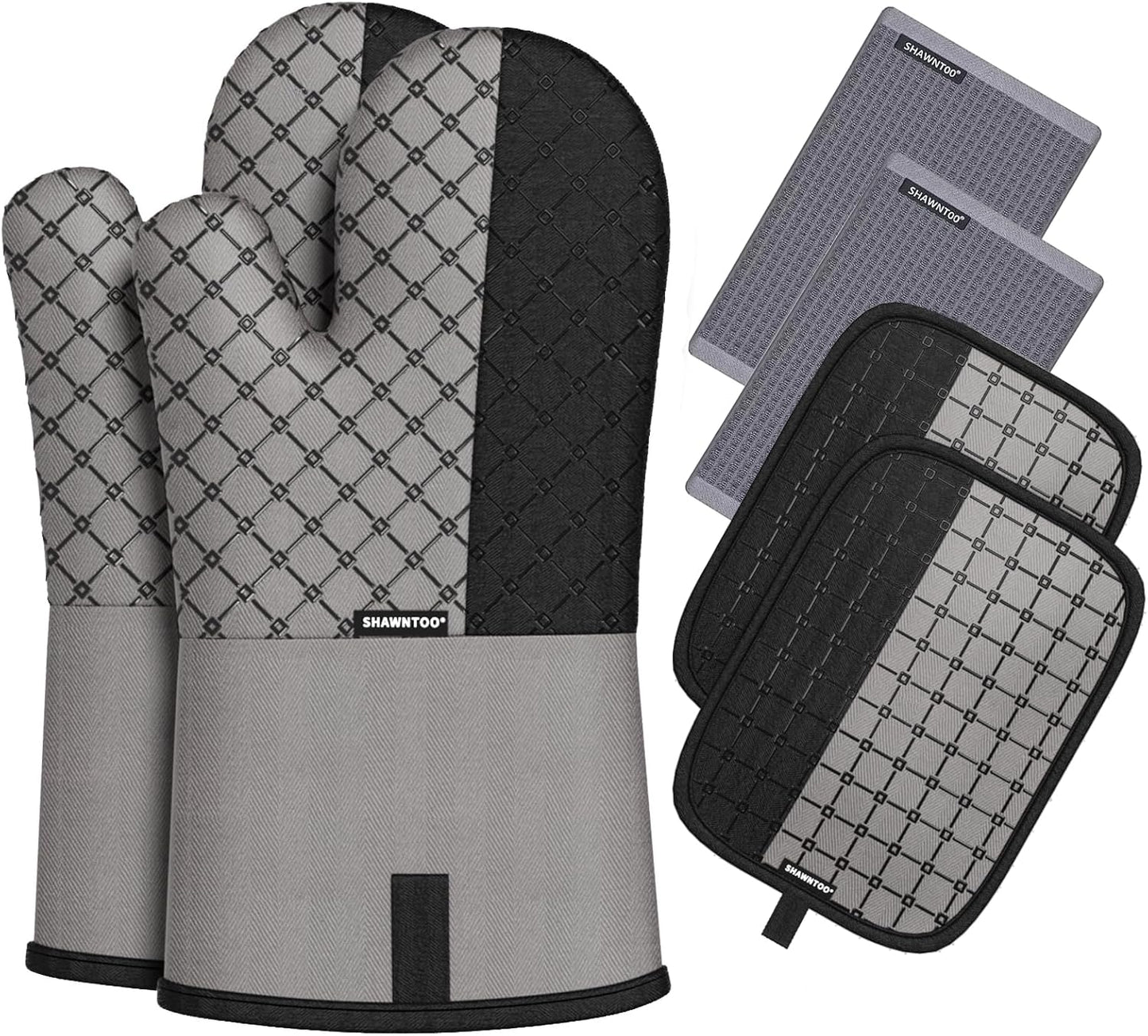 Oven Mitts and Pot Holders Sets 6pcs, Kitchen Oven Glove,High Heat Resistant 550 Degree Extra Long Oven Mitts and Potholders with Non-Slip Silicone Surface for Home Essentials (Grey) (Gray)