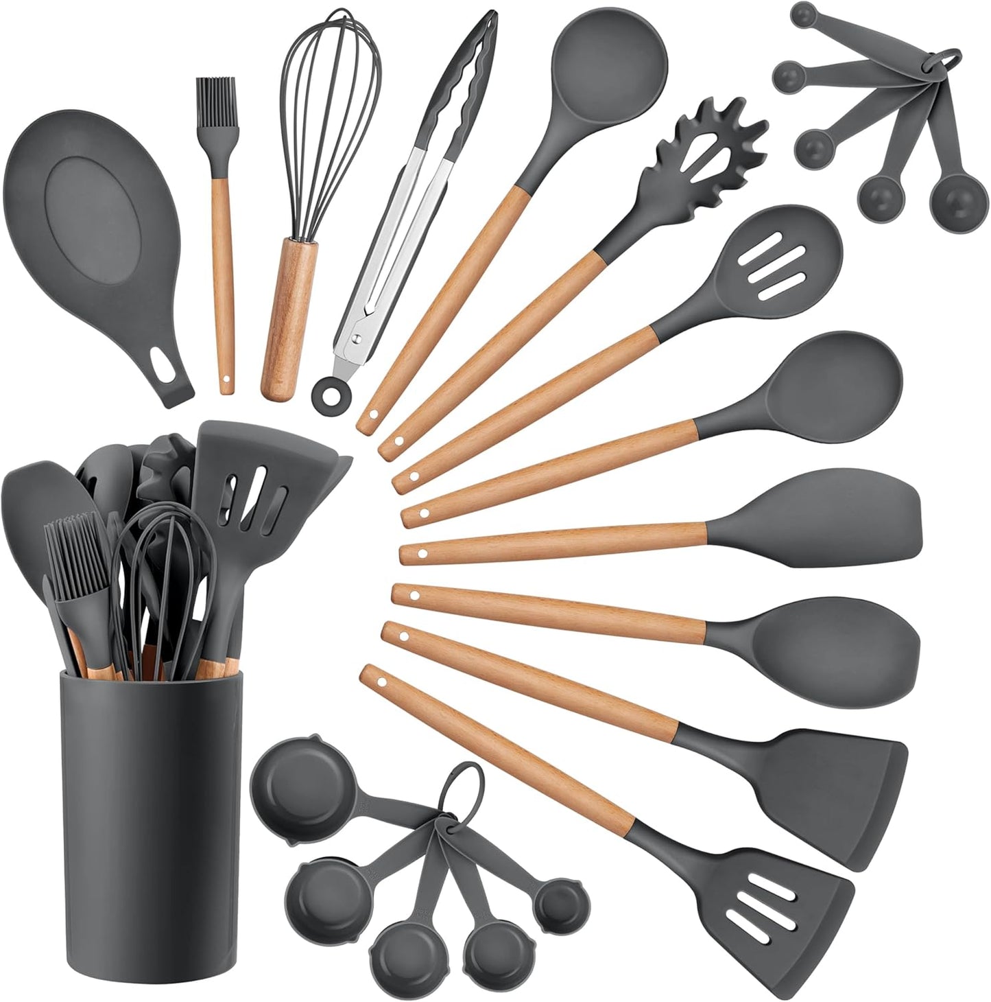 HaWare Kitchen Cooking Utensils Set, 23-Piece Silicone Kitchen Utensils Spatula Set with Holder, Heat Resistant Wooden Handle Kitchen Gadget for Nonstick Cookware, Food-grade Turner Spoon Sets (Black)