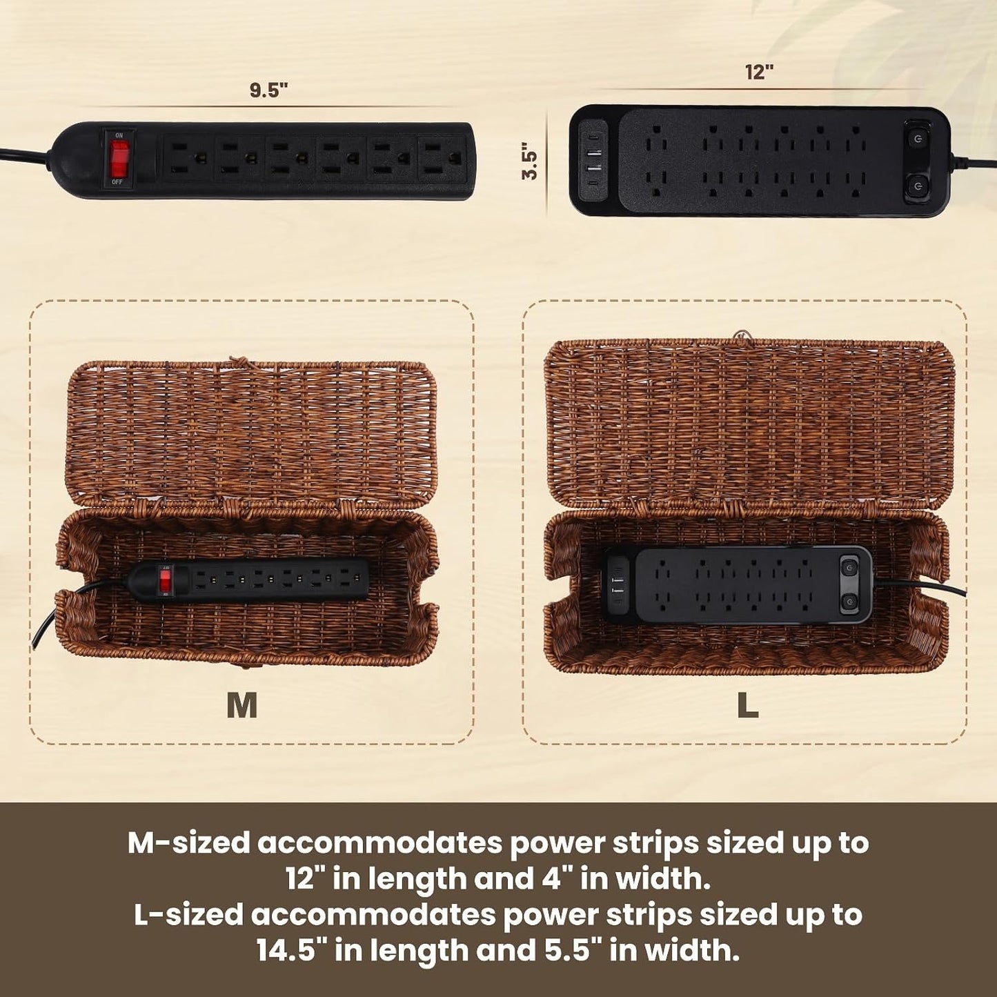 Cable Management Box, Cord Organizer with Lid & Cable Ties - Brown Set | Handmade Open Slots Cord Hider Outlet Covers for Power Strip TV PC Router Charger Under Desk Storage