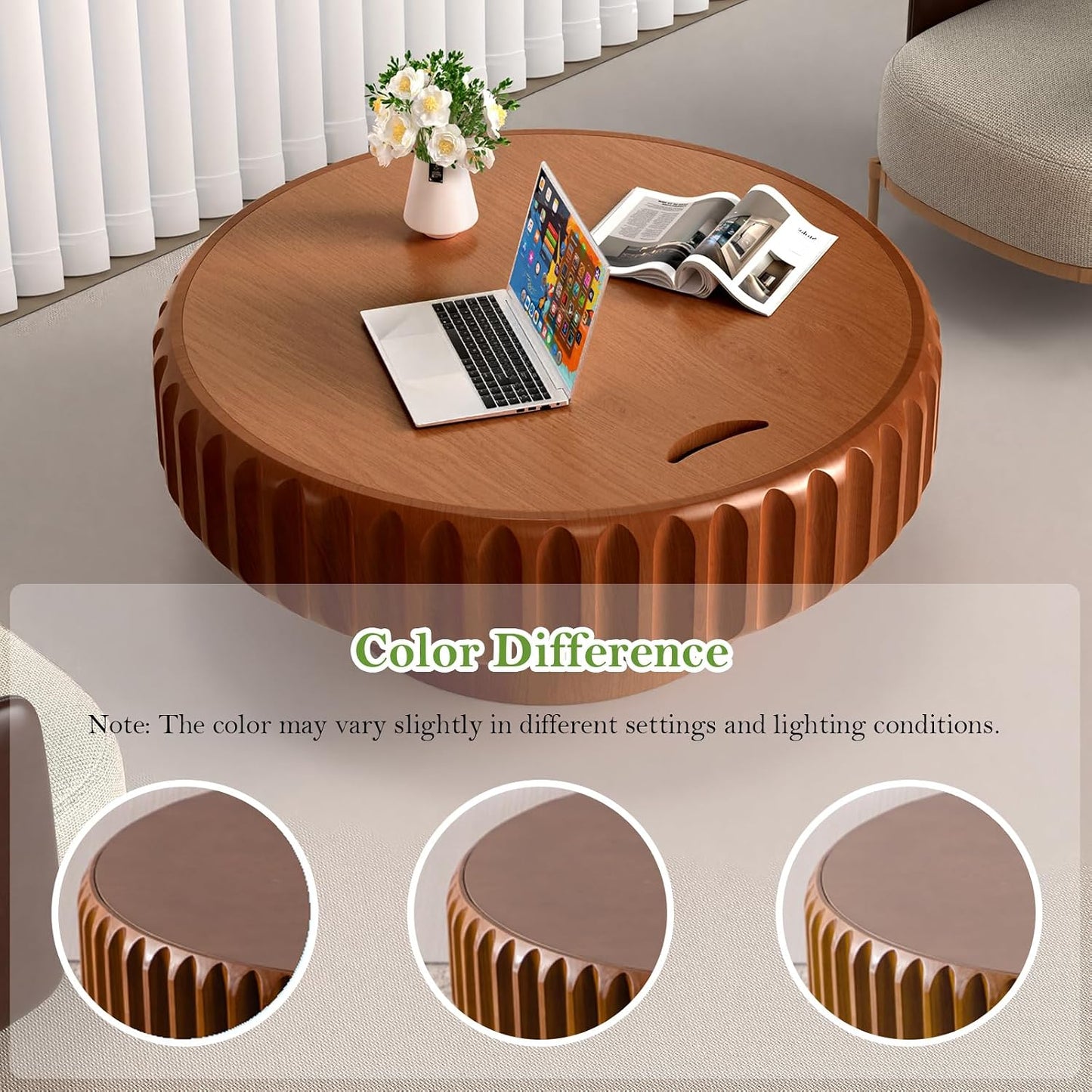 31.5" Round Drum Coffee Table with Storage (A 31.5in) | Rustic Chic Fluted Center Table - Handcraft Solid Wood Veneer Edge | for Living Room Farmhouse