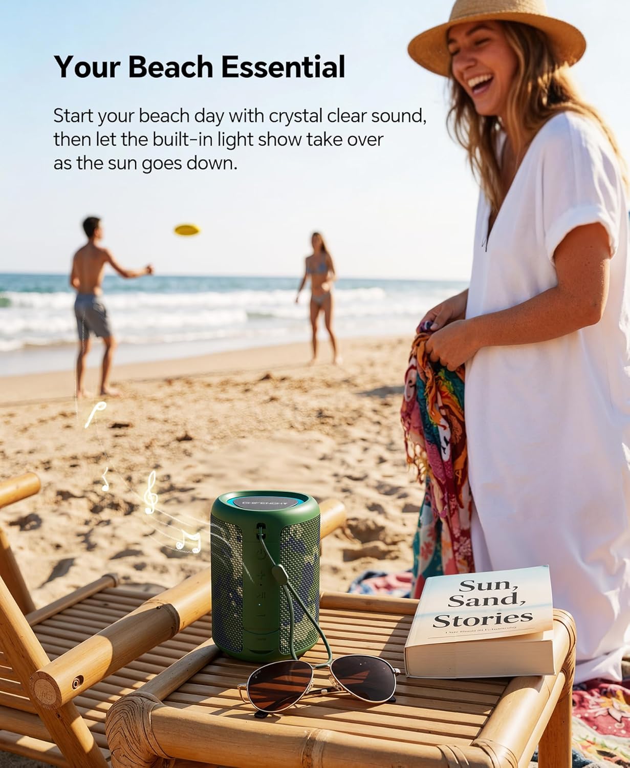 Portable Bluetooth Speaker Beach Essentials: Powerful Crystal Clear Sound/Dynamic Light/IPX5 Waterproof/All Day Playtime/Wireless BT 5.3/TWS Paring, Dad Gifts, Outdoor|Travel|Camping|Pool Accessories