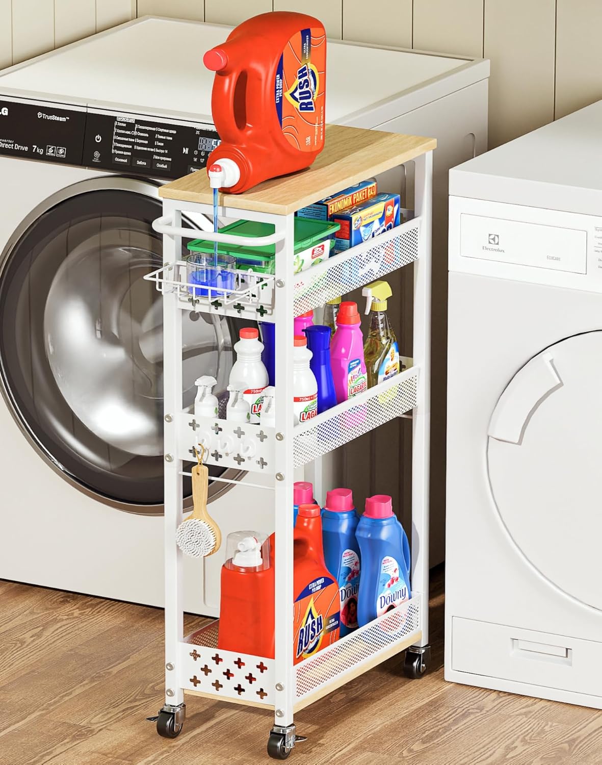 OKZEST Laundry Room Organization Cart with Detergent Dispenser - 4-Tier Slim Rolling Storage for Between Washer & Dryer, Fits Tall Bottles, Rustproof Metal Mesh Shelves, Chic Wood Top & Premium Wheels