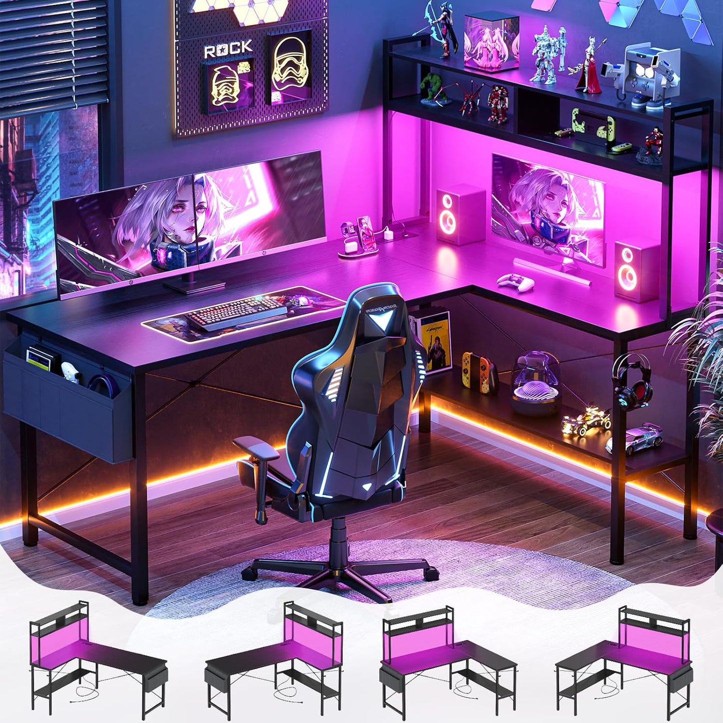 Aheaplus L Shaped Desk Gaming Desk, 59" L Shaped Computer Desk with LED Light & Power Outlet, Reversible Home Office Desk Gamer Desk with Shelves & Storage Bag & Hooks, Corner PC Desk, Rustic Brown