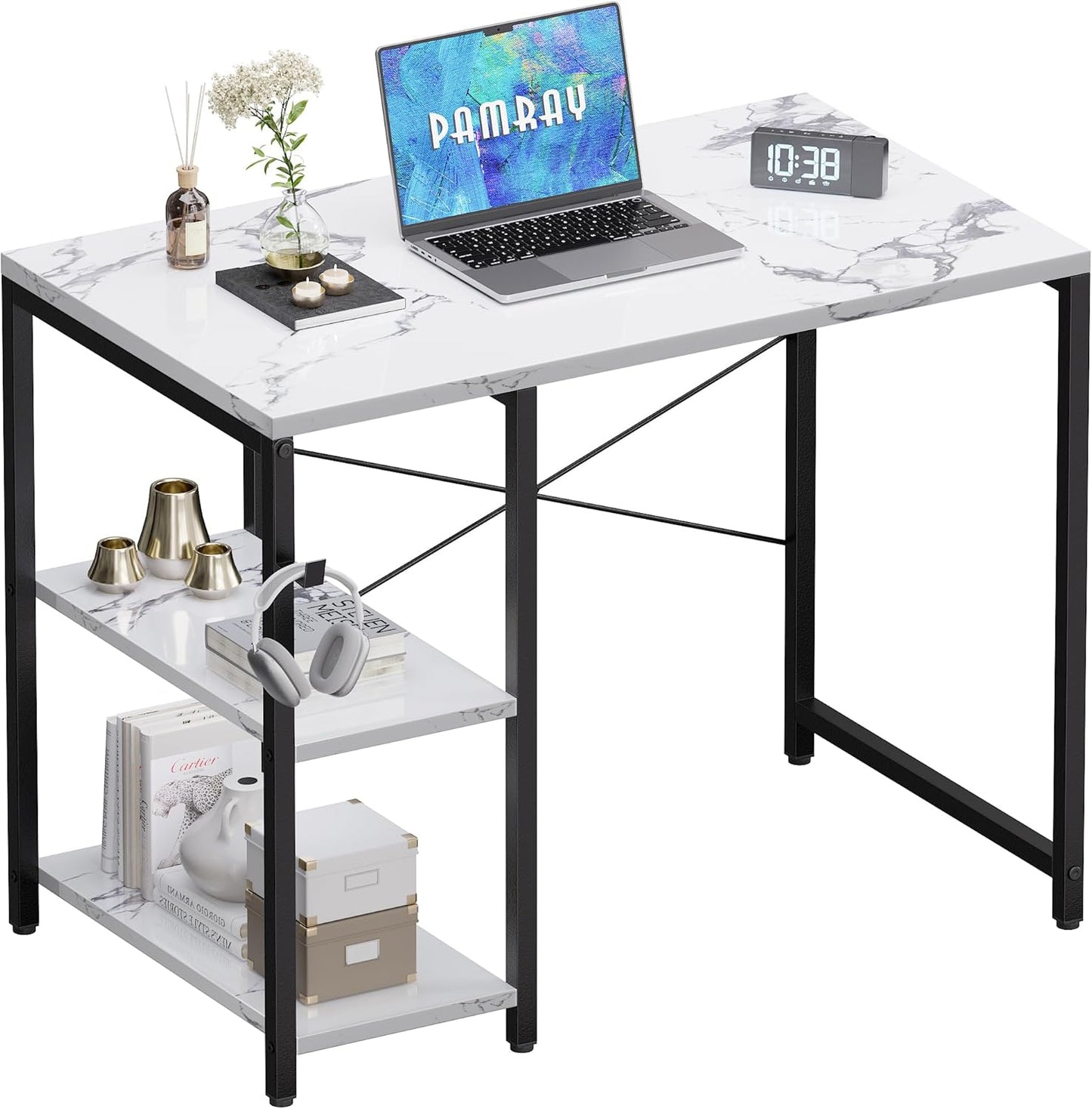 Pamray 32 Inch Small Computer Desk with Shelves, Home Office Desk with Headphone Hook for Bedroom, Study Writing PC Table for Small Spaces, White