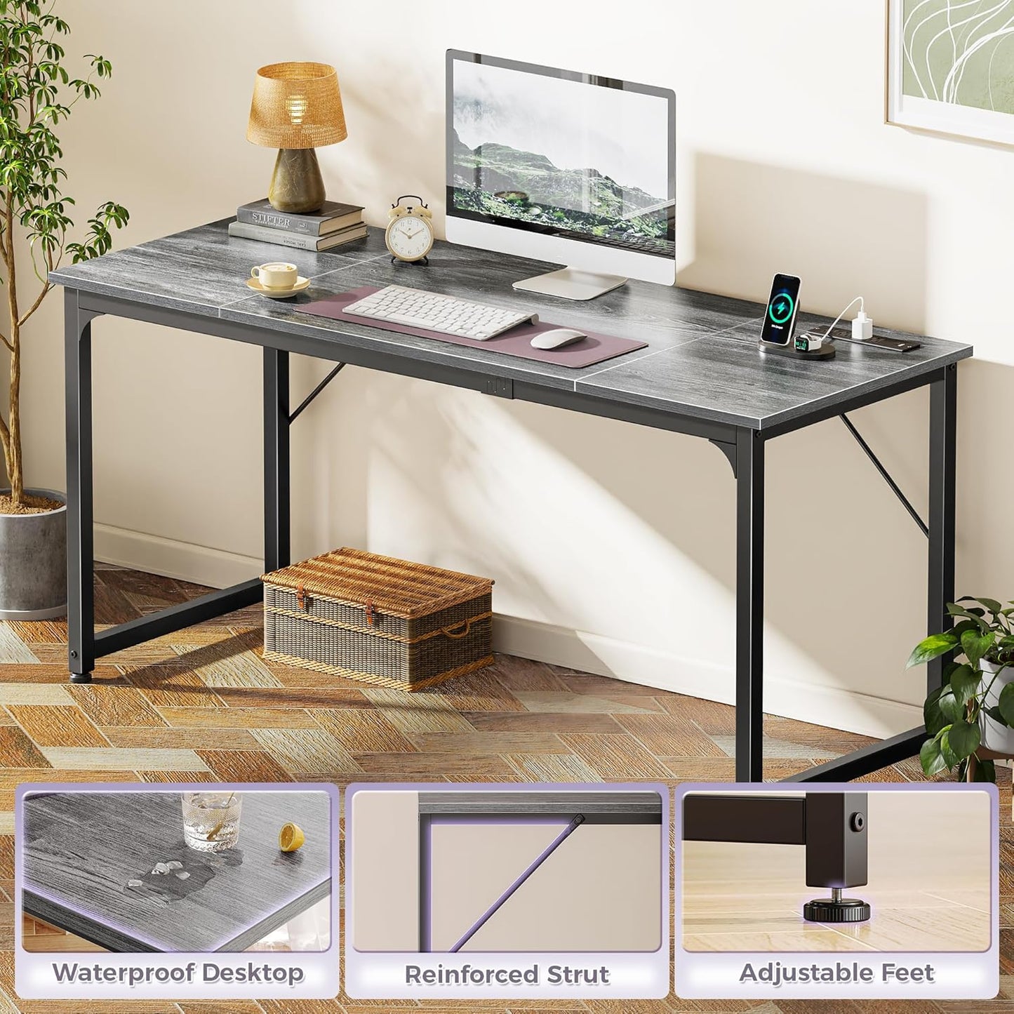 PRAISUN 63 X 24 Inch Office Computer Desk with Power Outlets and USB-C Port, Larger and Longer Gaming Desk, for Home Office, Study, Writing Work from Home Table, Metal Frame, Grey