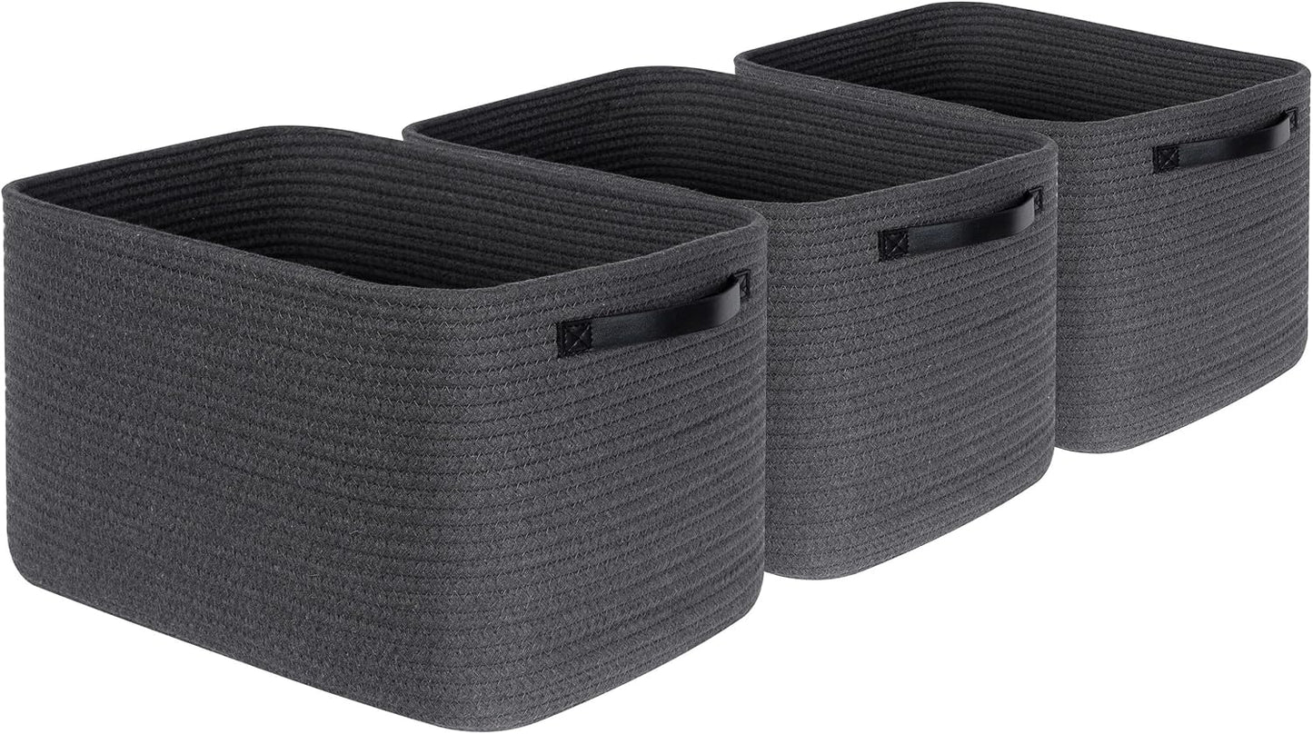 MINTWOOD Design 3-Pack Decorative Woven Storage Baskets for Shelves, Cube Bin Box for Organizing Books, Shoes, Dog Toys, Pantry Closet and Living Room Organizer, Charcoal / Black