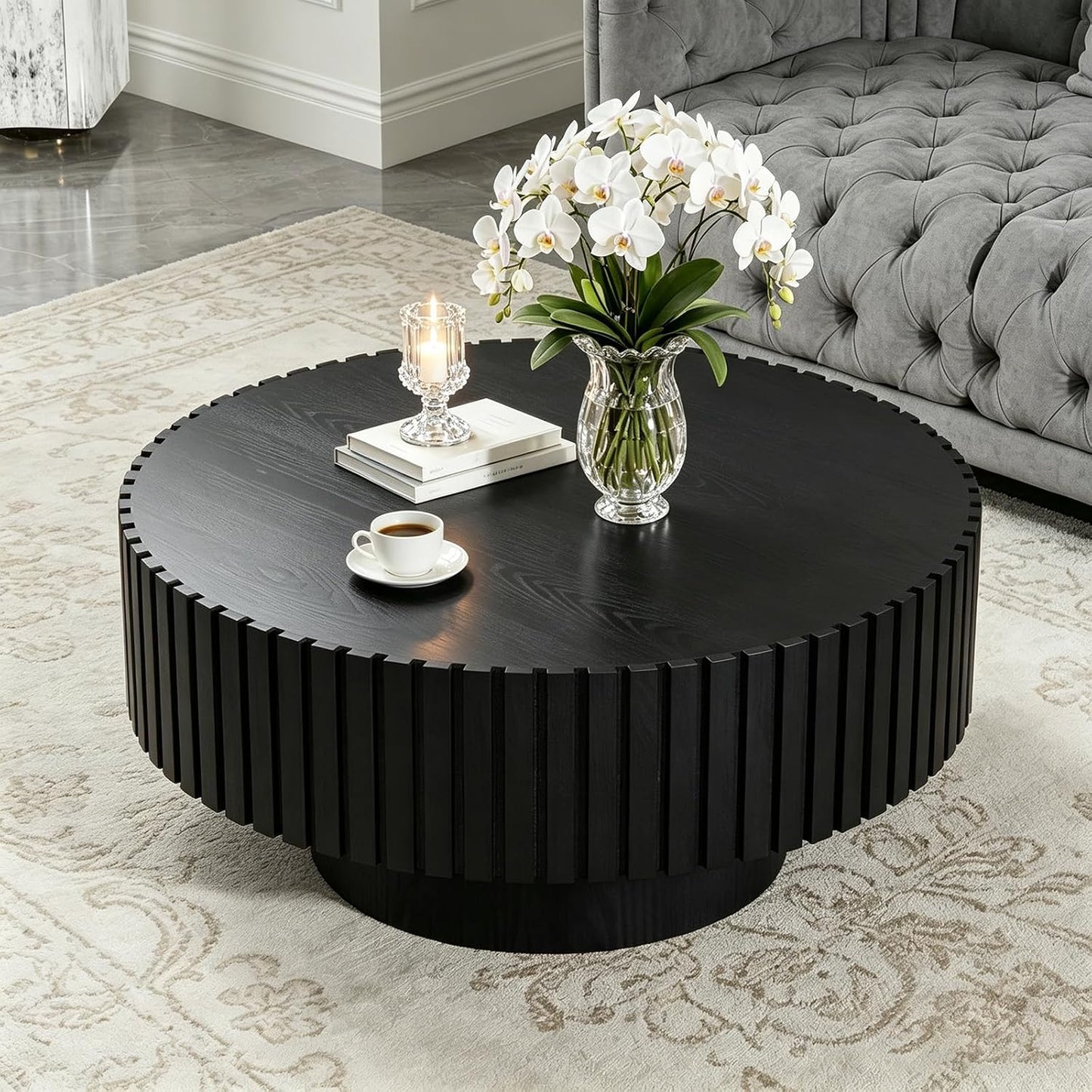 31.5" Modern Round Coffee Table (Round Brown) | Contemporary Circle Fluted Center Table, Solid Wood Relief, Vintage Wooden Accent Table, For Living Room, Small Spaces