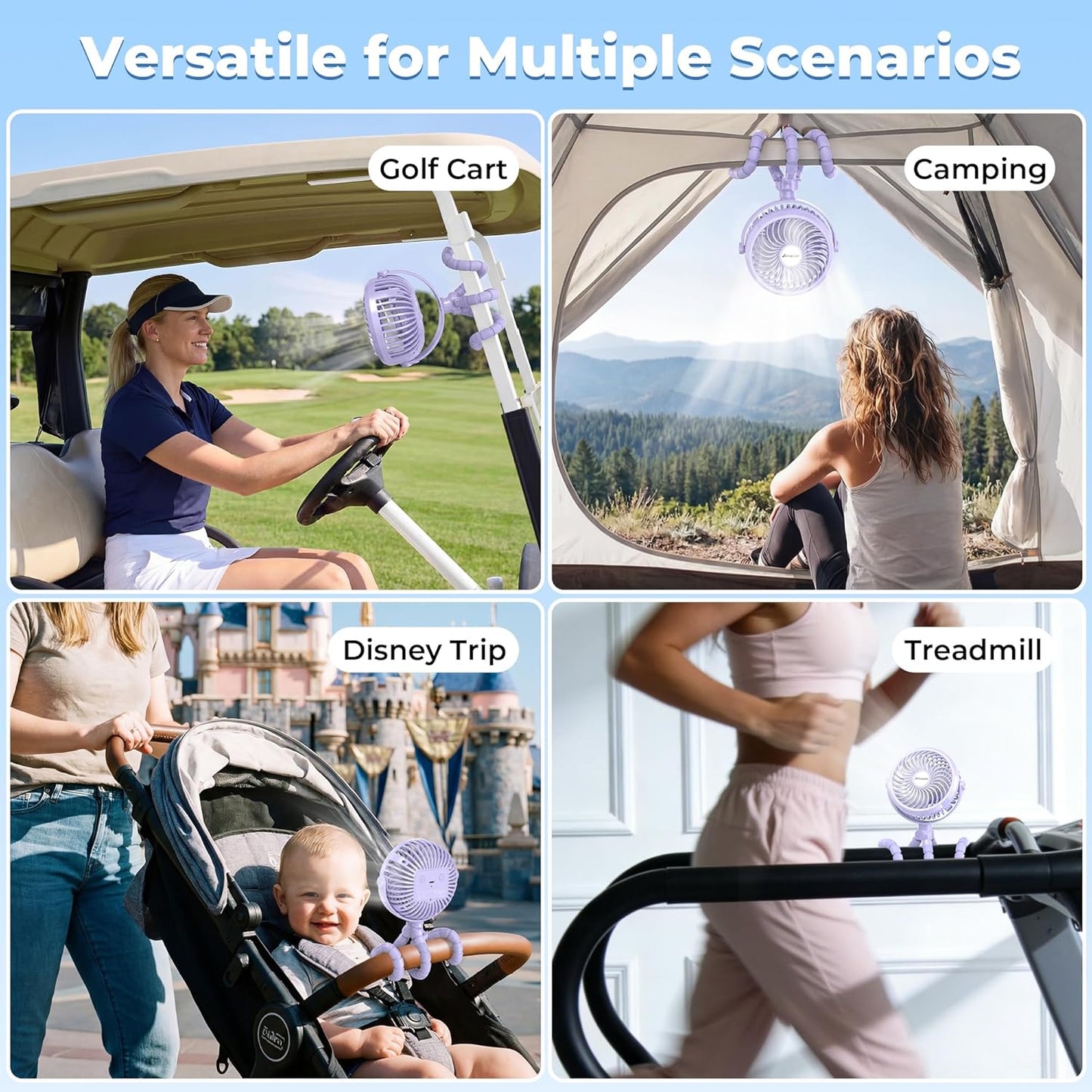 AMACOOL Battery Operated Stroller Fan, Baby Travel Essentials for Beach Disney, Newborn Boy & Girl Showers Gifts Registry Search, Rechargeable Clip On Fan for Car Seat Wagon Crib Bike Treadmill