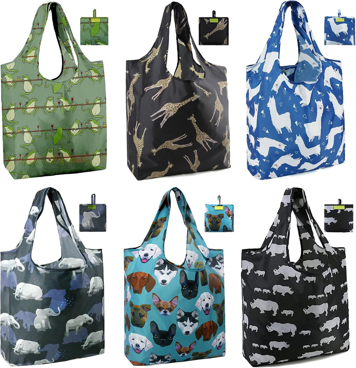 BeeGreen Heavy Duty Bulk Large Reusable Grocery Bags 6 Pack - Foldable Sturdy Recycled Cloth Animal Print Shopping Totes with Handles -Reusable Gifts Bags for Groceries, Travel, Storage & Women
