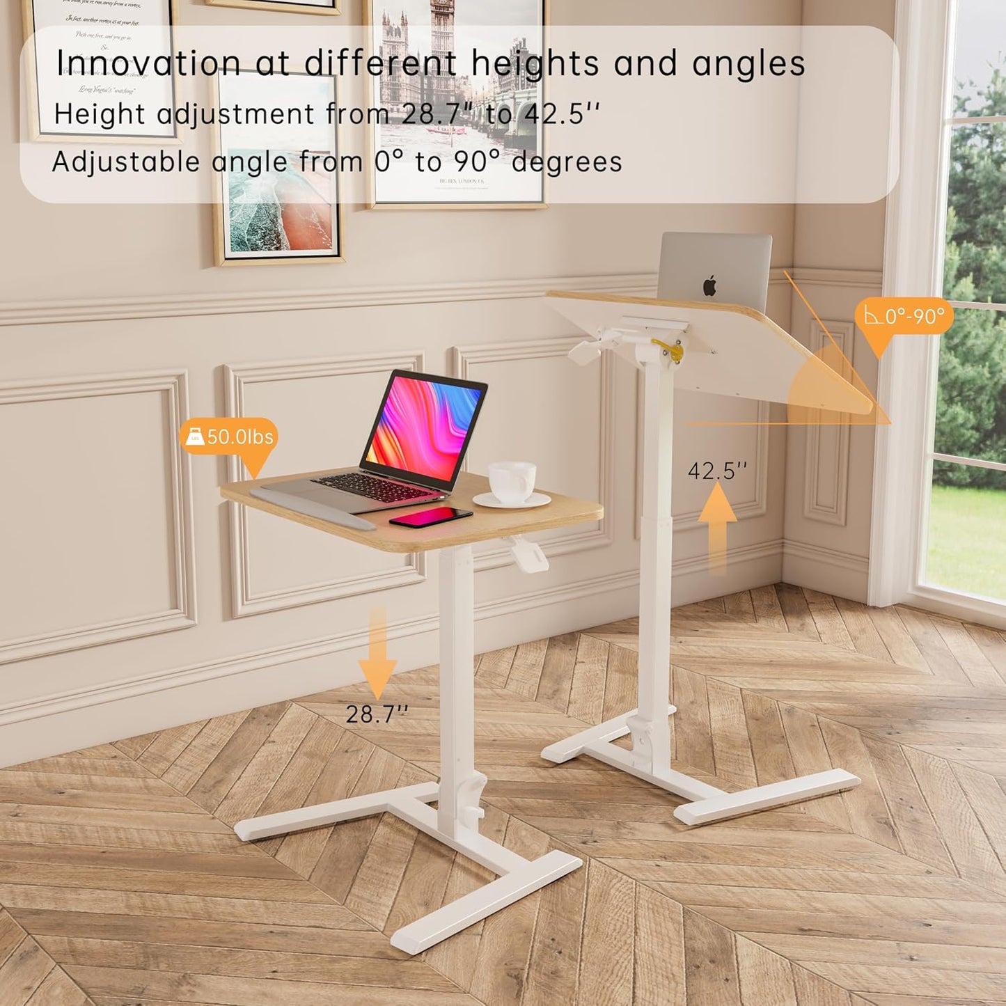 alawooder 25 Inch Mobile Folding Desk - No Assembly, Pneumatic Sit-Stand, 29-42" Height Adjustable Rolling Laptop Desk with Hidden Wheels, 0-90° Tilt Top for Home Office, Craft & Study