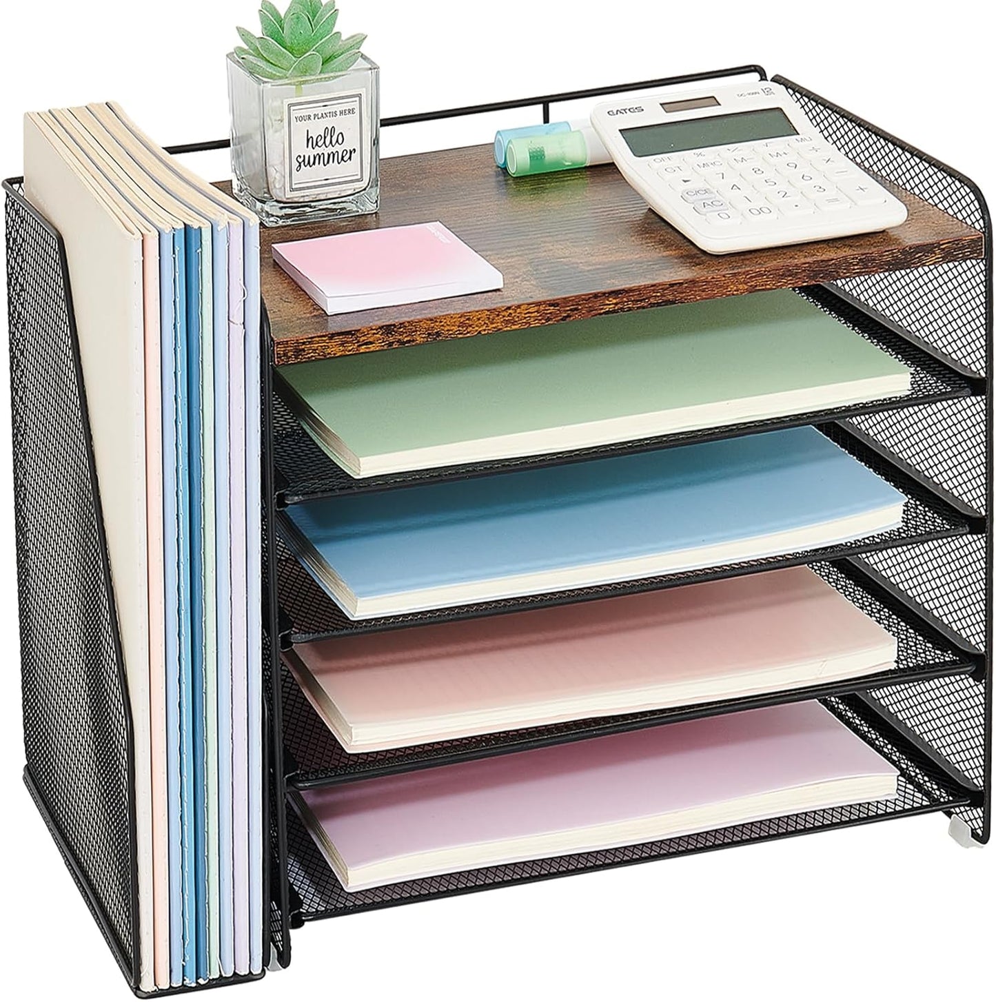OPNICE Desk Organizer, 5-Tier Paper Organizer Letter Tray with Magazine Holder, Office Desk Accessories & Workspace Organizers, Desktop File Organizer for Office Supplies Storage, Purple