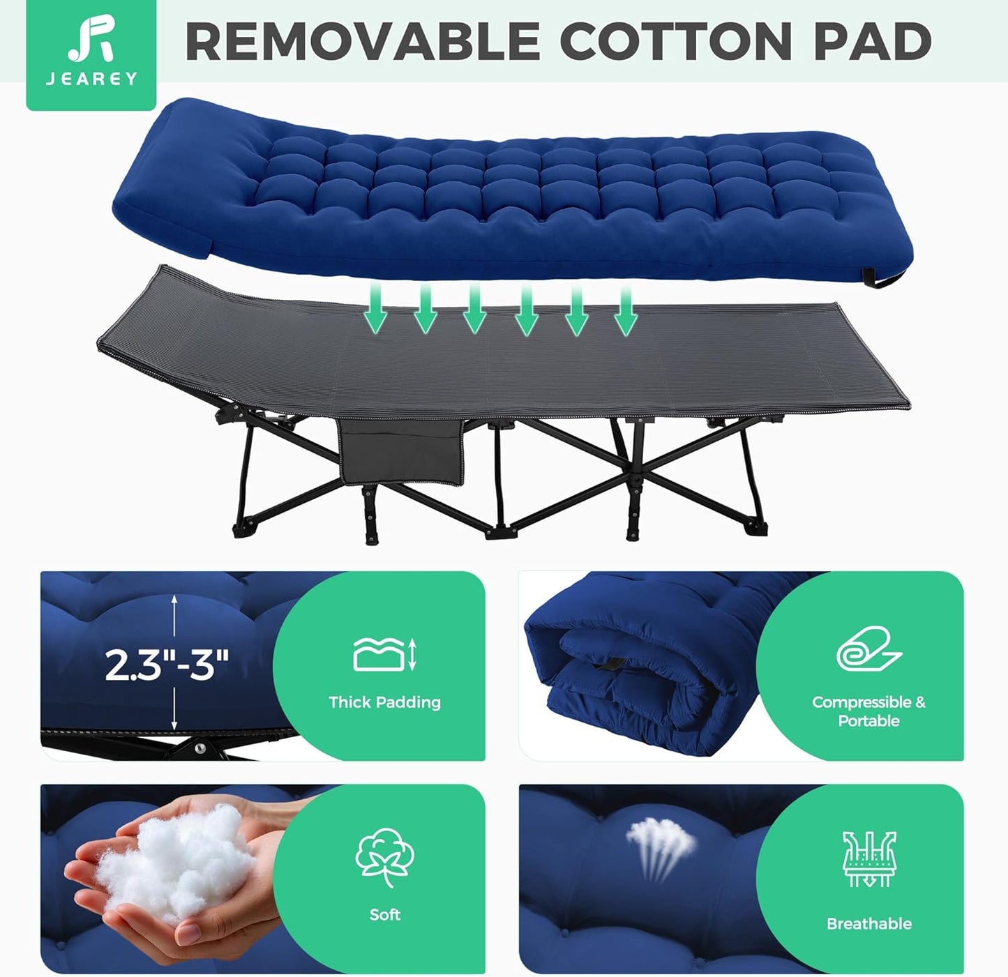 JEAREY Camping Cot for Sleeping 28" Extra Wide, Heavy-Duty 1200D Oxford Foliding Cots for Adults Portable with Mattress, Carry Bag for Guest, Travel, Hiking, Navy