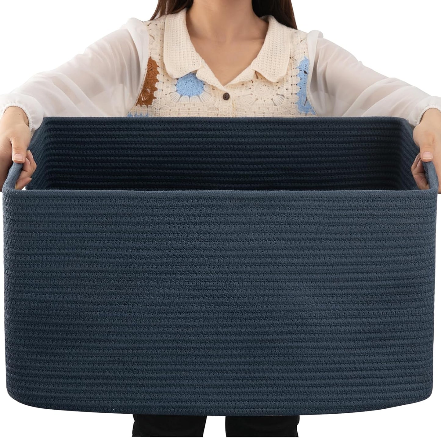 OIAHOMY 75L Blanket Basket, Woven Cotton Rope Basket for Organizing 22”x17”x12”, Used for Living Room, Bedroom, Nursery, Light Yellow & White
