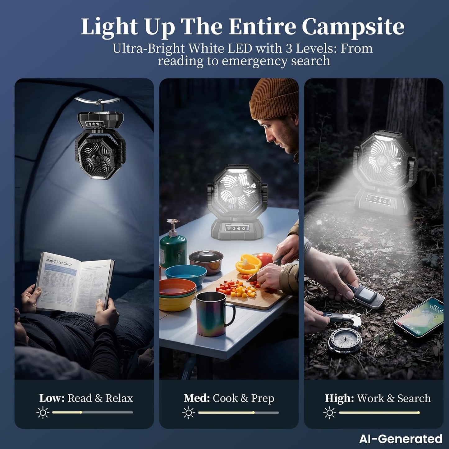AJVV Camping Fan, Oscillating Battery Powered Portable Rechargeable Hanging Tent Fan with Light and Remote for Camp, Outdoor, Emergency Power Outage, Fishing, RV Travel, Black