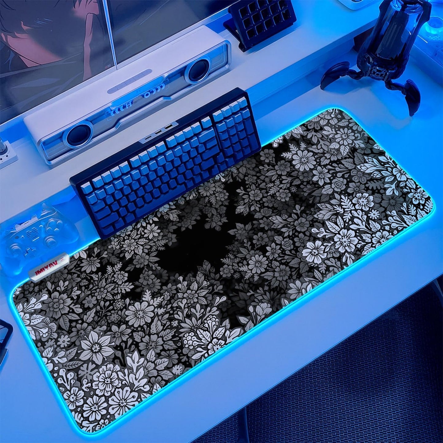 JMIYAV White Gaming Mouse Pad RGB Mousepad 31.5x12In Non-Slip Rubber Base Extra Large Cool XL XXL Computer Desk Pad Gaming Accessories Setup LED Light Up Big Mouse Pad for Gamer Topographic White