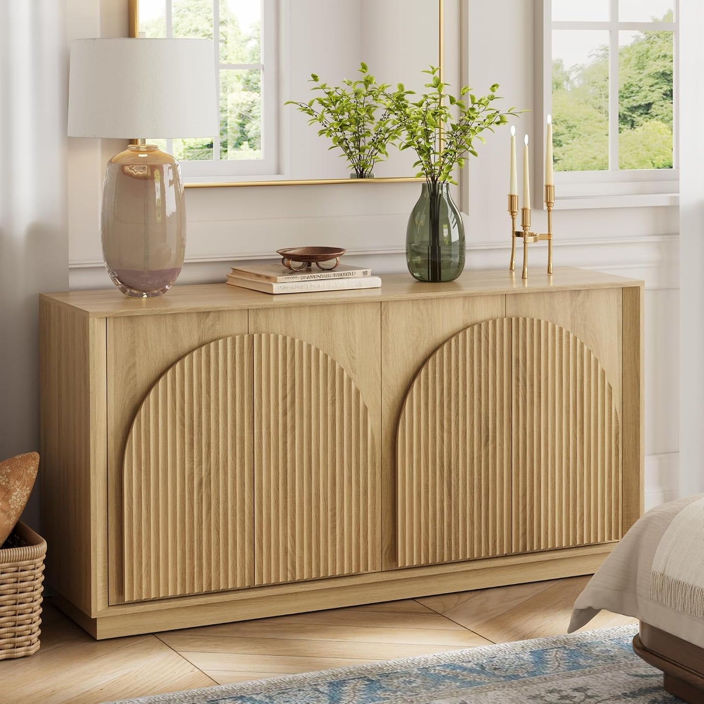 win2win 65" Sideboard Buffet Cabinet with Storage, Modular Credenza, Oak