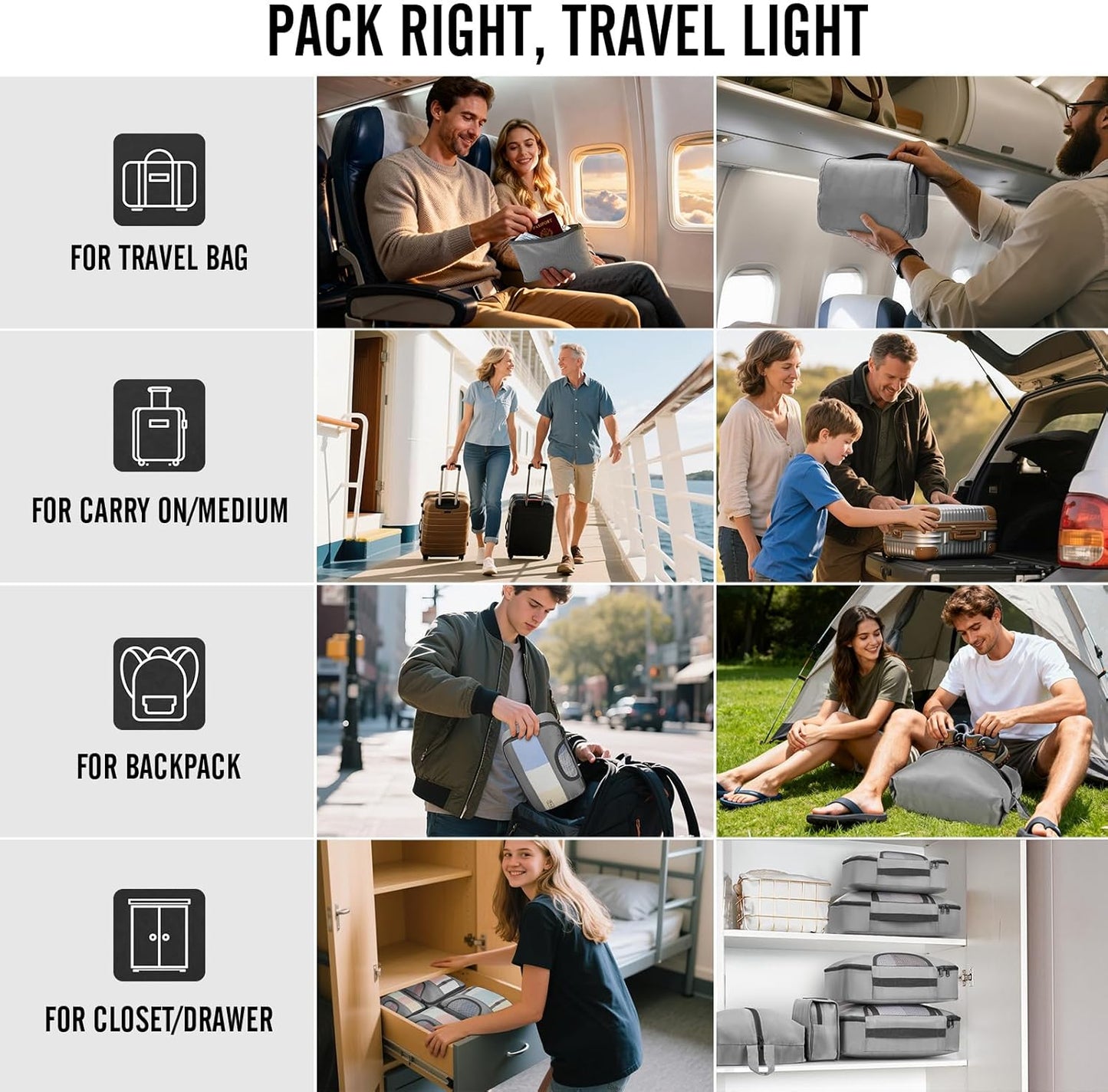 Veken 8 Set Packing Cubes for Travel Essentials, Suitcase Organizer Bags in 4 Sizes, Carry-On Luggage Accessories with Large Laundry & Hanging Toiletry Bag, Must-Have for Airplane, Road Trip & Camping