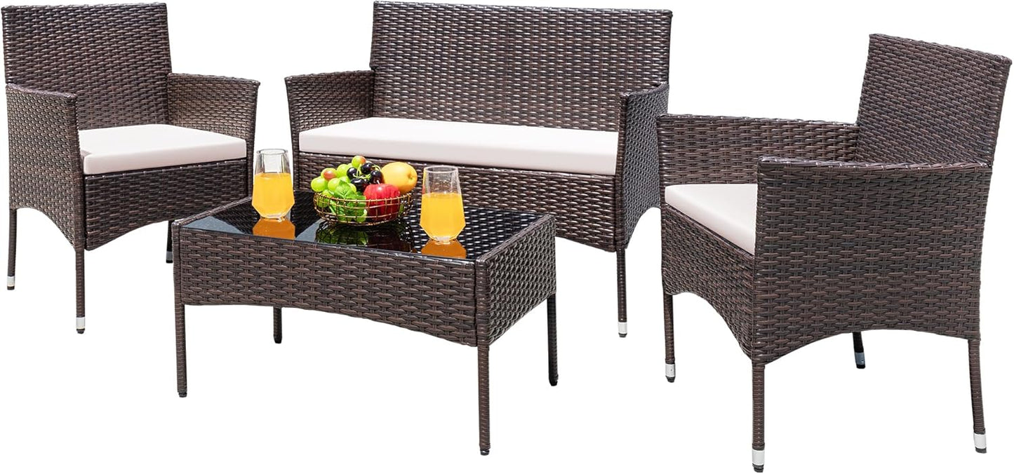 Greesum Patio Furniture 4 Pieces Conversation Sets Outdoor Wicker Rattan Chairs Garden Backyard Balcony Porch Poolside loveseat with Soft Cushion and Glass Table, Brown and Beige