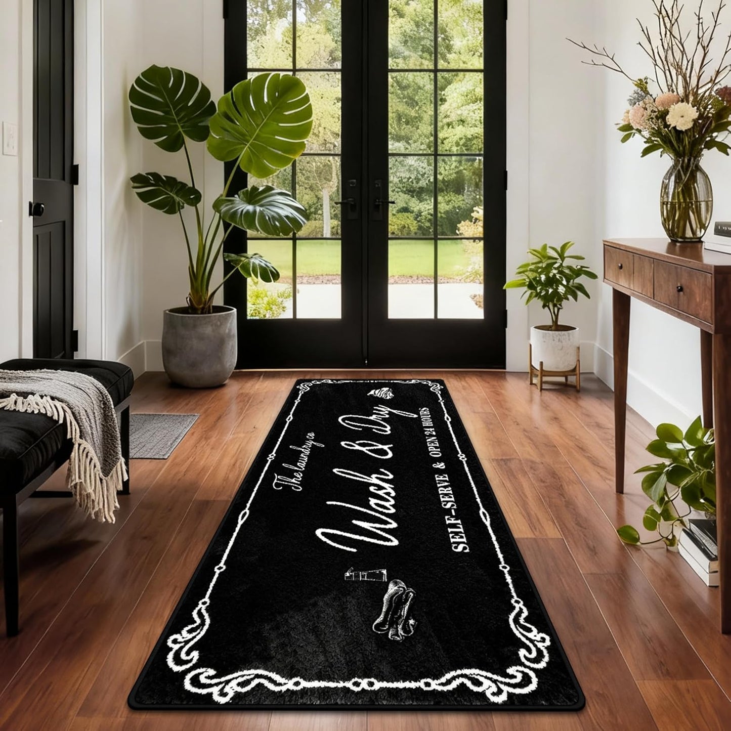 Washable Laundry Room Rug, 20"X47" Non Slip Laundry Mat Runner Soft Low-Pile Laundry Room Organization Farmhouse Decor Area Rug for Entryway Hallway Kitchen Bathroom Black