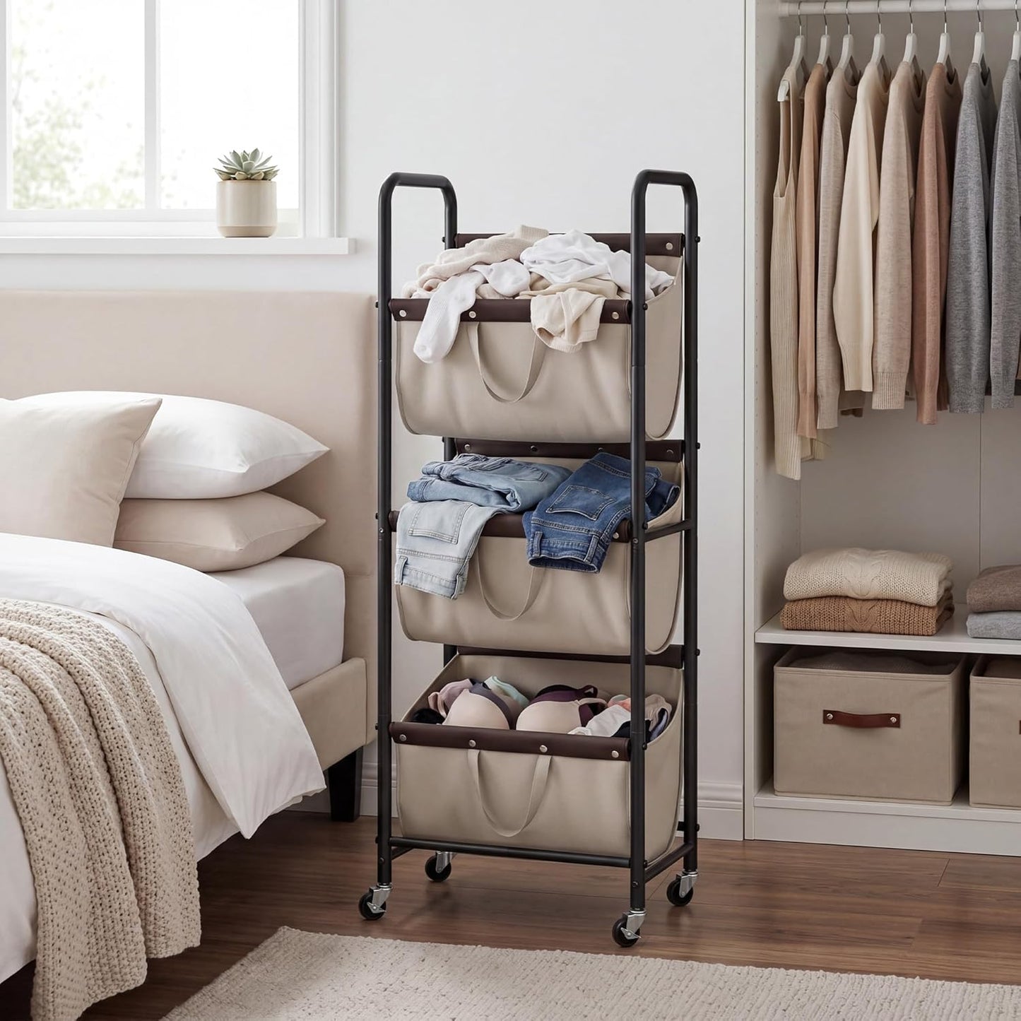 GRANNY SAYS 3 Section Tiered Laundry Sorter, Slim Vertical Laundry Hamper with Wheels, Narrow Rolling Laundry Cart with Removable Bags for Laundry Room, Bathroom, Closet, Dorm, Light Khaki