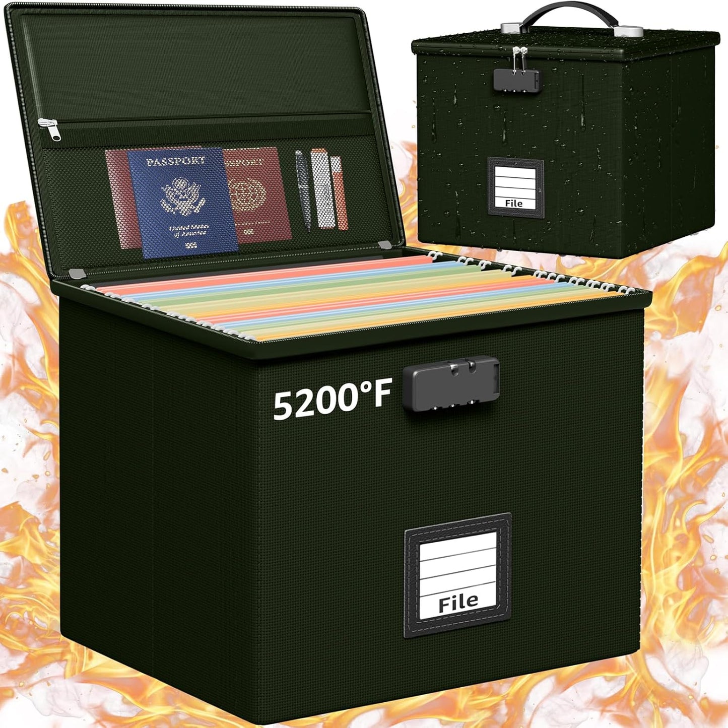 Fire Proof File Box for Documents - Portable Fireproof Document Organizer Box with Handle Waterproof Safe Locking Folder Storage with Lid