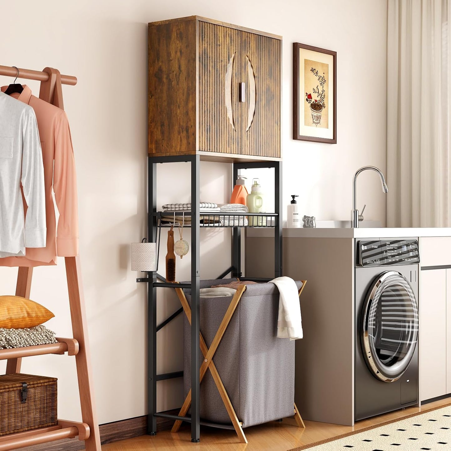 Kalrin Over The Toilet Storage Cabinet with Fluted Wave Doors and Adjustable Shelf, Wood Over Toilet Storage Rack with Drain Basket, Freestanding Bathroom Organizer for Balcony Laundry, Vintage Brown