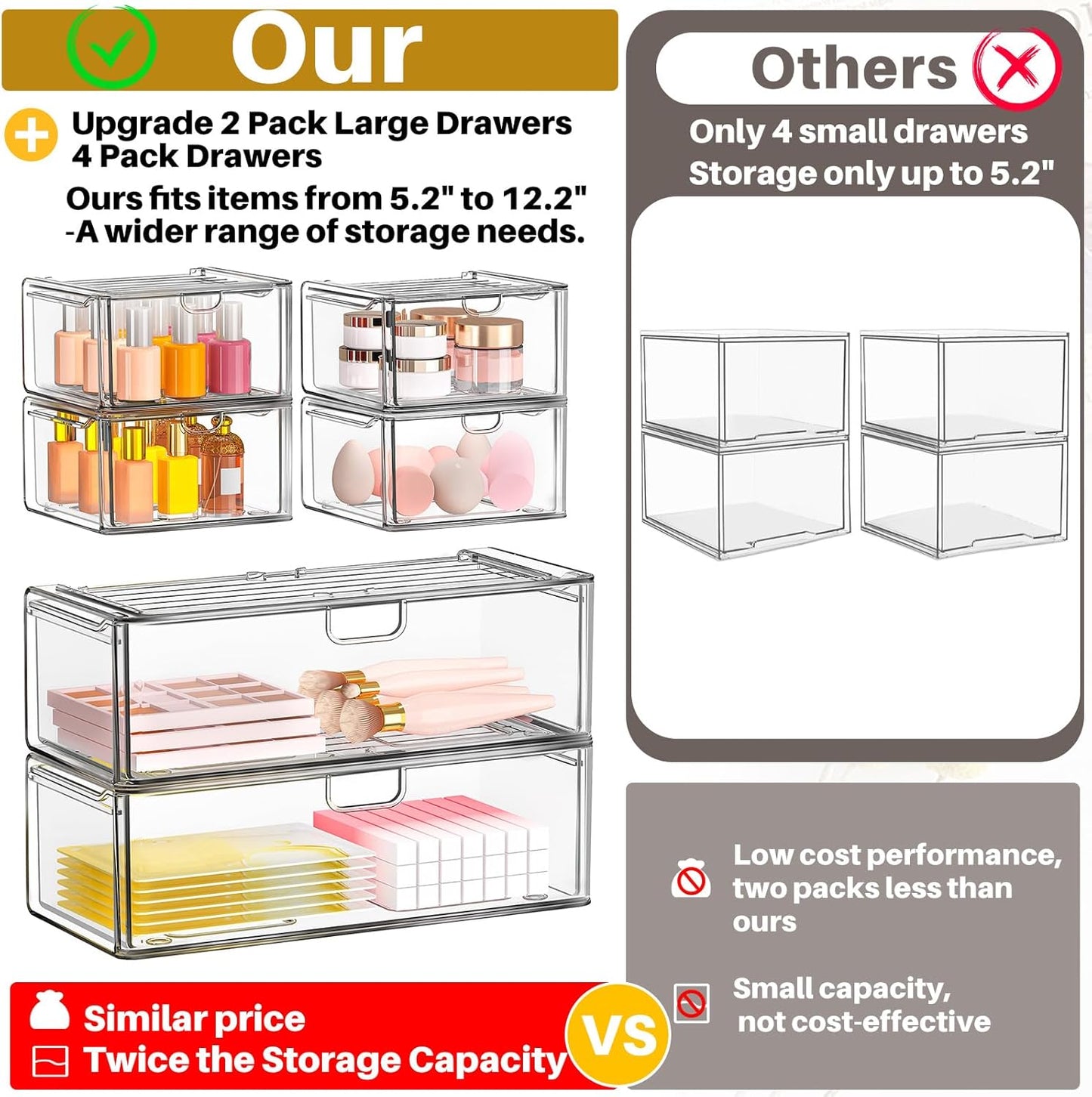 caktraie Acrylic Stackable Storage Drawers Set of 6, Clear Plastic Storage Drawer Organzier, Storage Organizer, Makeup Organizer,Ideal for Vanity, Bathroom,Cabinet,Pantry Organization