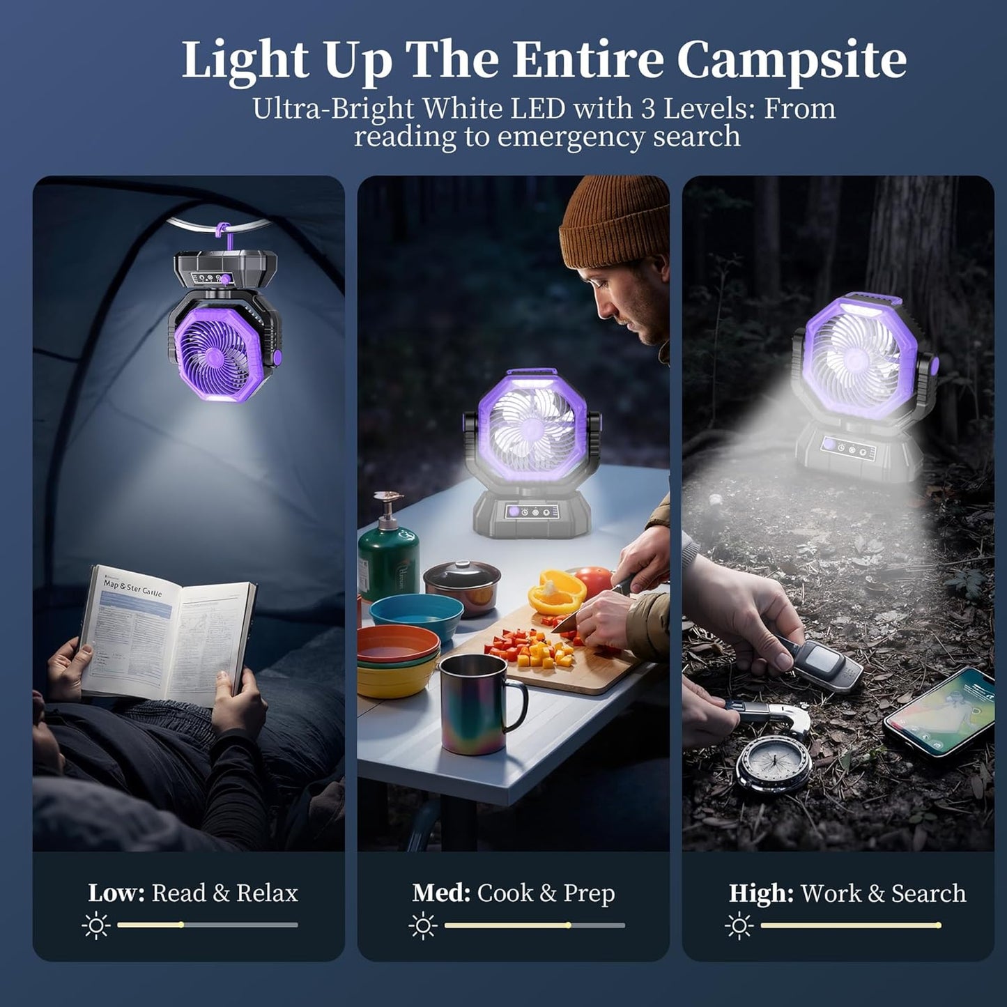 AJVV Camping Fan, Oscillating Battery Powered Portable Rechargeable Hanging Tent Fan with Light and Remote for Camp, Outdoor, Emergency Power Outage, Fishing, RV Travel, Violet