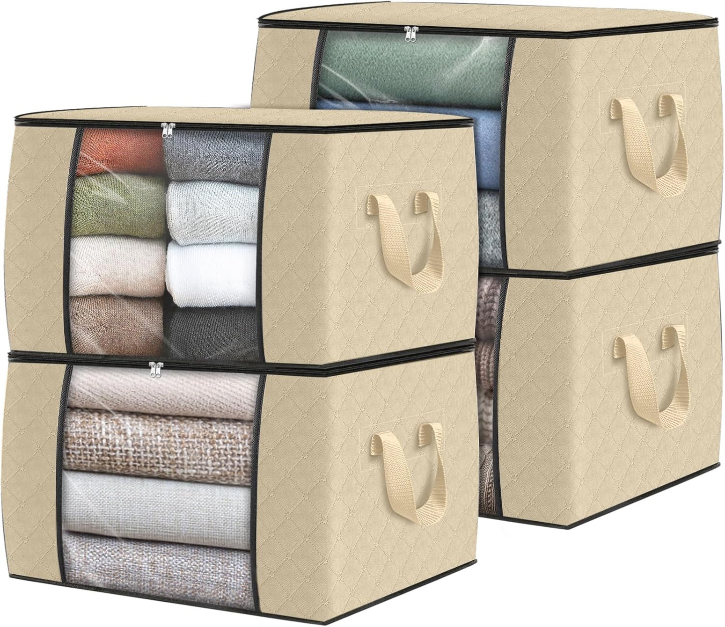 Fab totes 6 Pack Clothes Storage, Foldable Thick Fabric Blanket Storage Bags, Containers for Organizing Bedroom, Closet, Clothing, Comforter, Organization with Handle,Beige