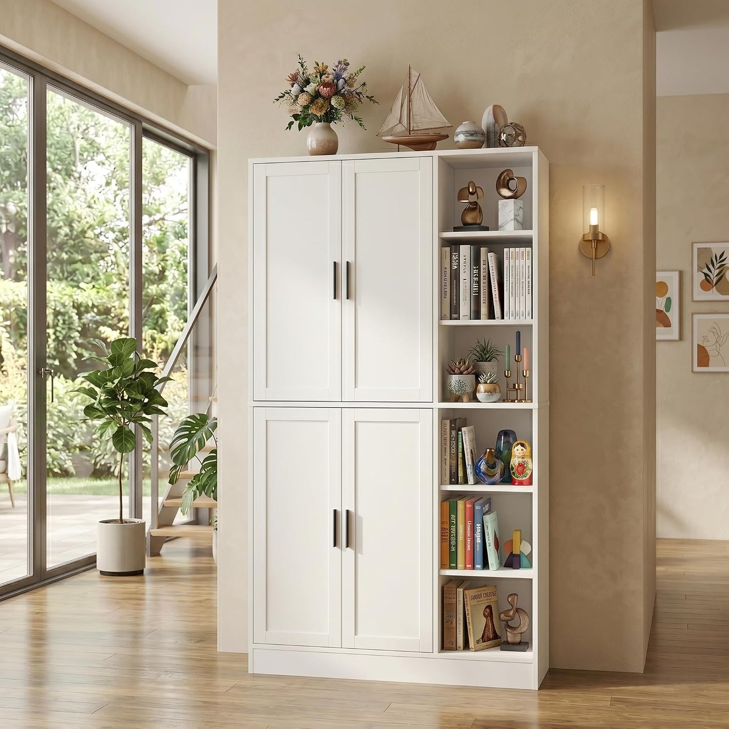 holzart 63" Tall Kitchen Pantry Cabinet, Freestanding Dining Room Storage Hutch with 4 Doors and Adjustable Shelves, Modern Utility Cupboard for Coffee Bar and Microwave, White