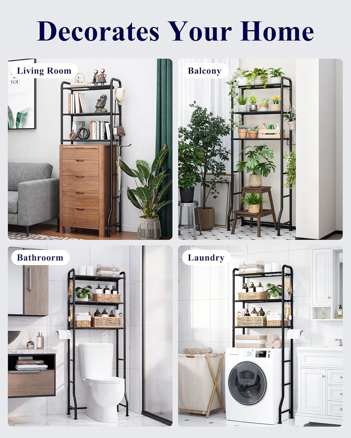 Kitsure Over Toilet Storage Rack - Metal Over Toilet Bathroom Organizer Shelf, Over the Toilet Storage Cabinet with Paper Holder and Hooks, Bathroom Cabinet for Laundry, Black, 3 Tiers (63.2" H)