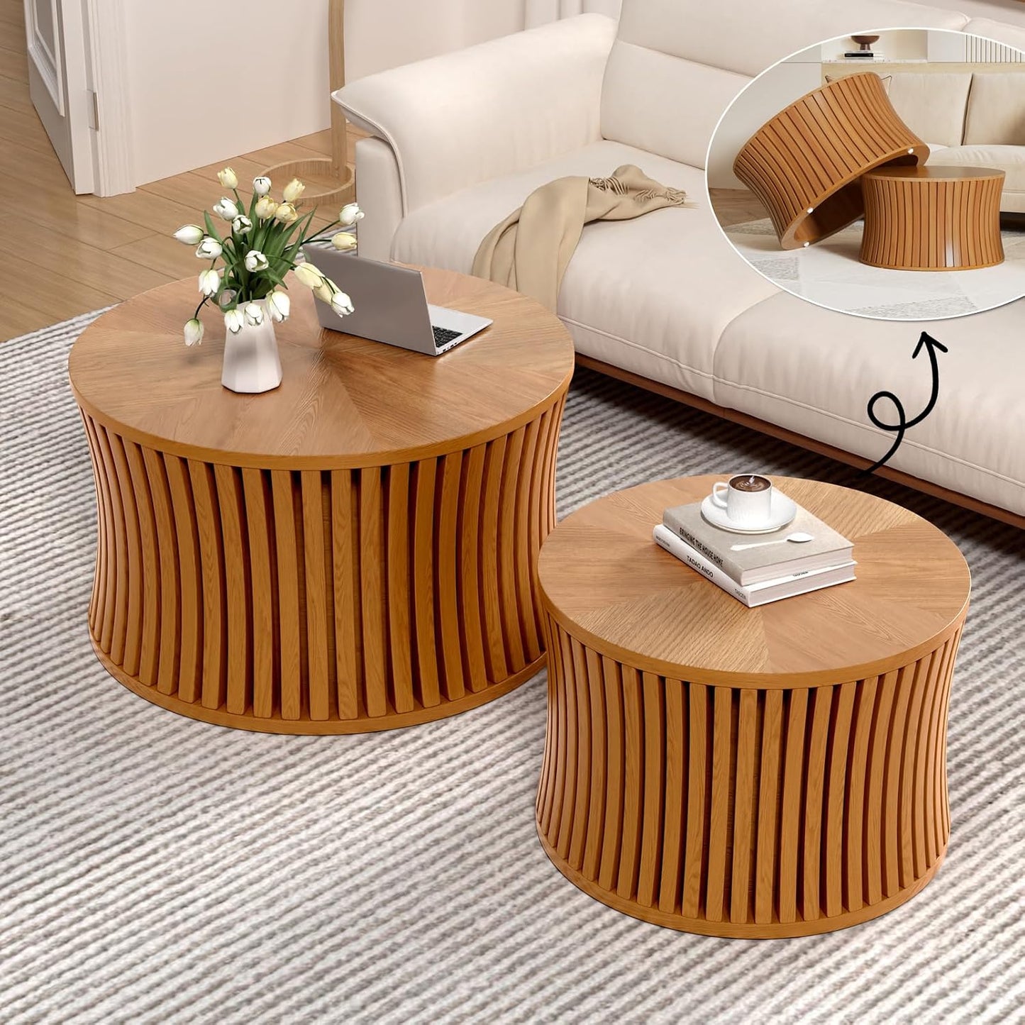 Round Fluted Nesting Coffee Table Set of 2 with Storage (Brown set of 2) | Wooden Coffee Table with Removable Lid Modern Handcraft Drum Accent End Table for Living Room Small Space Apartment