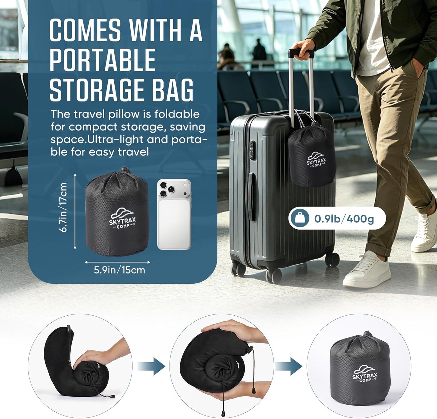 SkytraxComf® Travel Neck Pillow with Hood for Privacy on Long Flights | Memory Foam | Airplane Sleep | Safety-Tested Materials | Extra Large Hood | Chin Support | Earplugs | Washable Cover