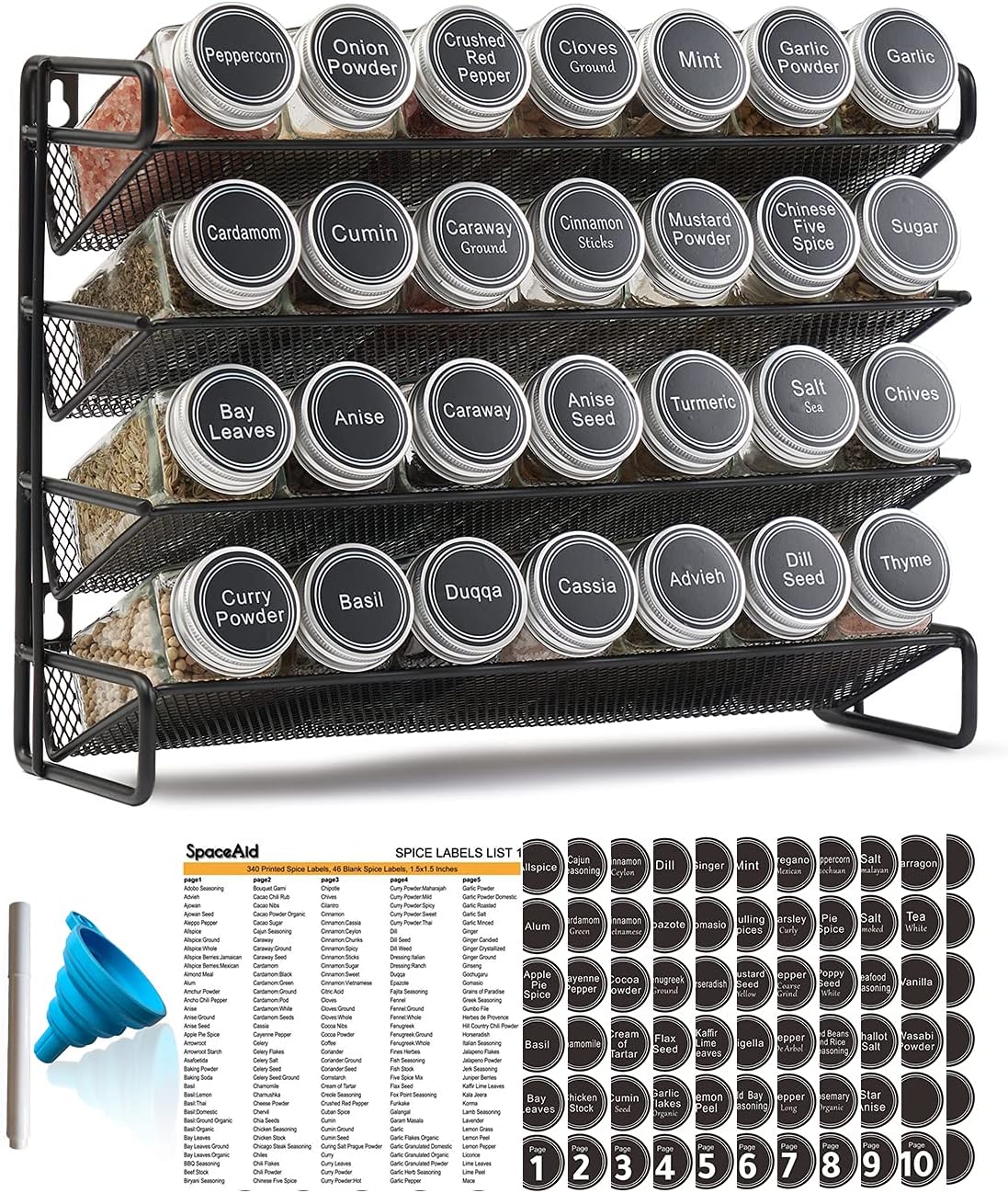 SpaceAid Spice Rack Organizer with 32 Spice Jars, 386 Spice Labels, Chalk Marker and Funnel Set for Cabinet, Countertop, Pantry, Cupboard or Door & Wall Mount - 32 Jars, 15.3" W × 10.8" H, Black