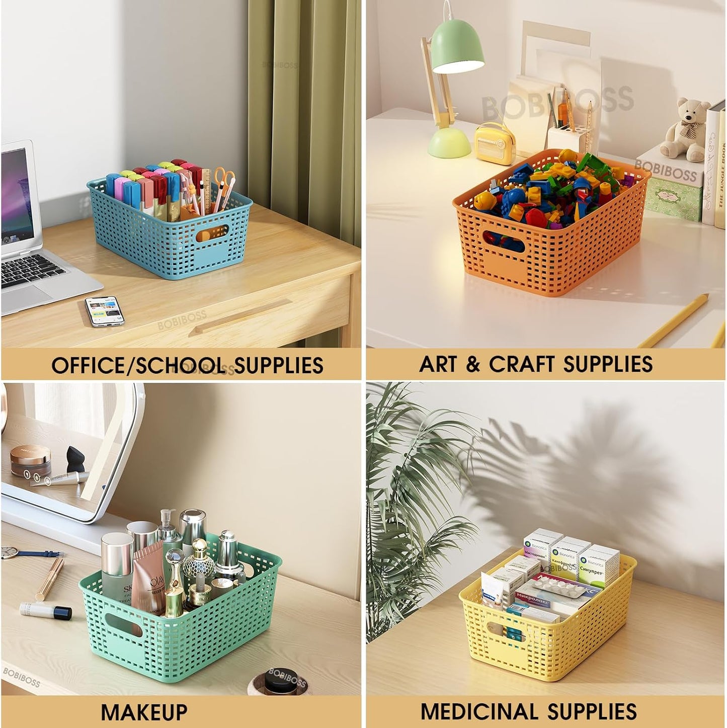 Colorful Plastic Storage Baskets with Lids 8 Pack Stackable Storage Bins Containers for Shelves Organizing, Colored Cute Decorative Storage Boxes for Classroom, Playroom, Closet, Pantry