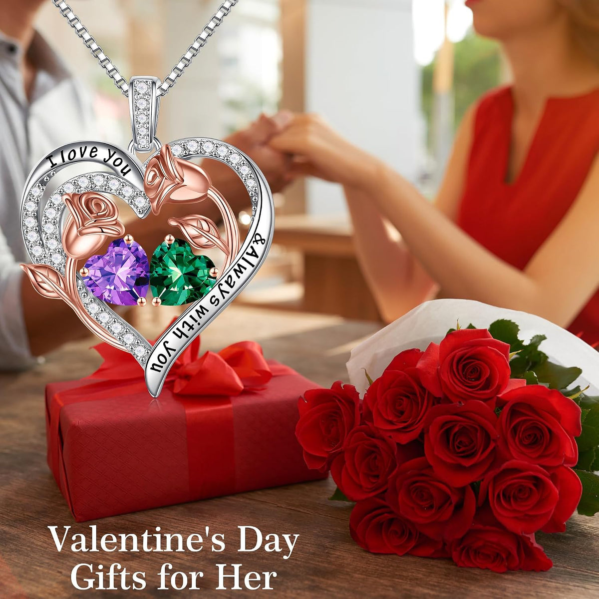 Iefil Birthstone Necklace for Women - Rose Heart Necklace