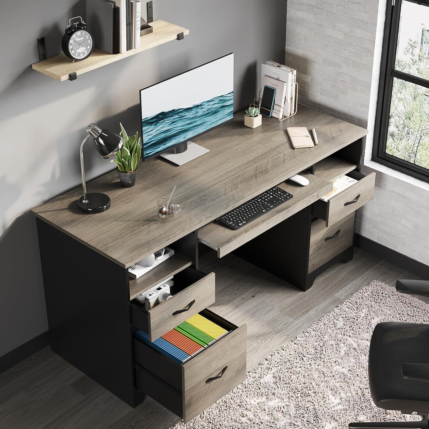Bestier 59 Inch Office Desk with 4 Drawers, Computer Desk with Storage, Executive Desk with File Drawer, Keyboard Tray & 2 Pedestals on Both Sides for Home Office, Studio, Grey&Black