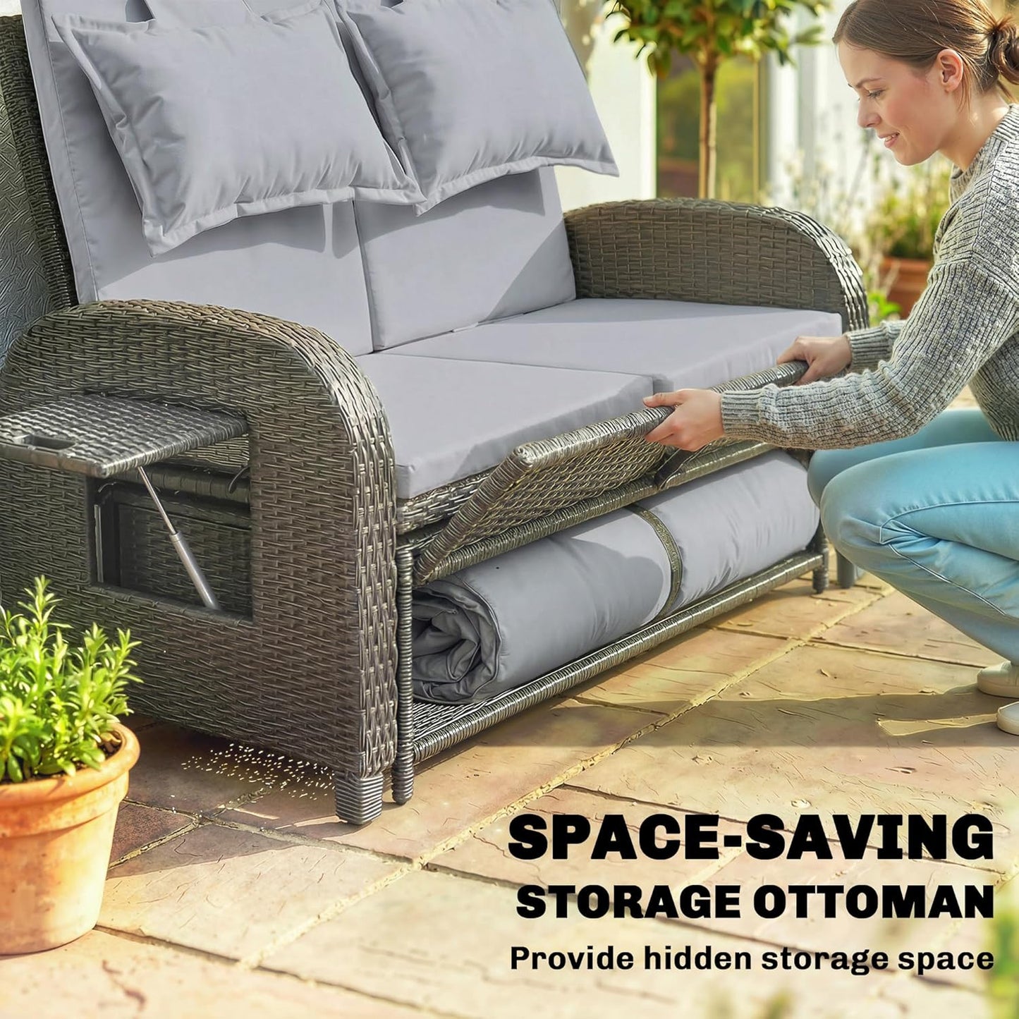 Outsunny Patio Rattan Daybed, Wicker Outdoor Daybed with Storage Ottoman, Loveseat Sofa with Adjustable Backrest, Side Tables, Cushions, Headrests, Double Sunbed Lounger for Balcony, Gray