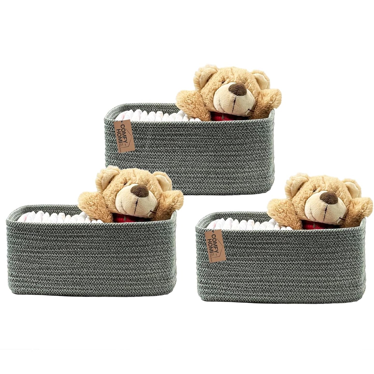 COMFY-HOMI 3PACK Cotton Rope Square Basket with Handles for Shelves|Dog Toy Bin and Storage|Baby Gift|Shoe Organizer|New 13.5" x 11" x 9.5" for Living Room (Black/Jute)