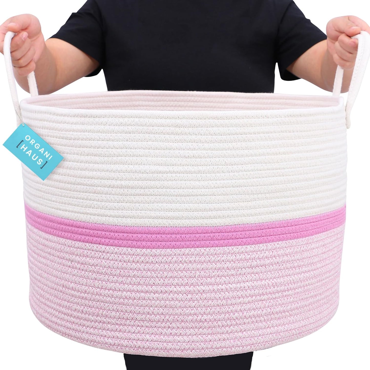 OrganiHaus Round Toy Basket & Blanket Basket, Cotton Rope 20x13" | Striped Pink - Round Cotton Rope Basket, 20x13"