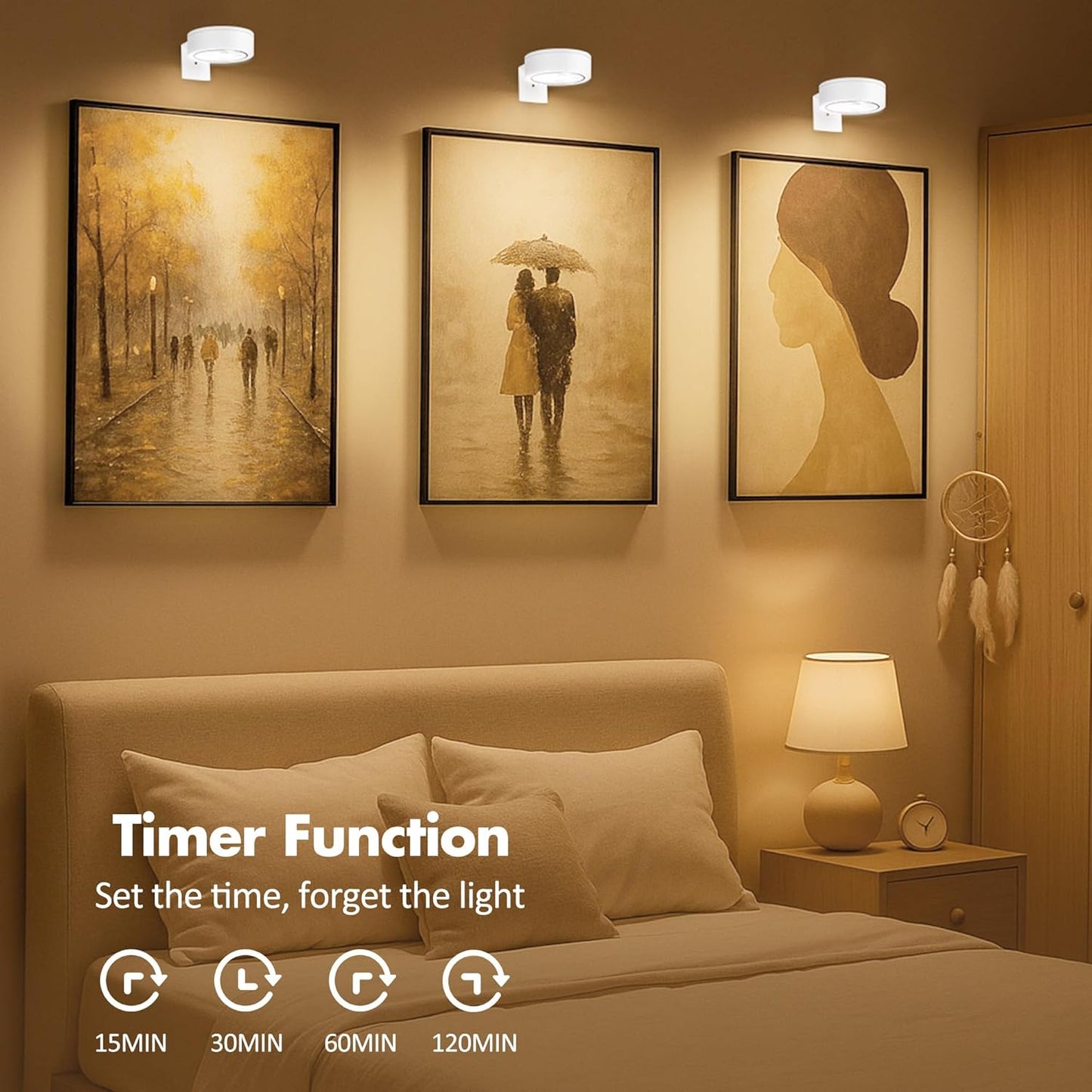 3Pcs Picture Light Battery Operated, Wireless Led Painting Light with Remote Dimmable and Timer, 3 Lighting Modes Art Display Light for Picture Frame Artworking Portrait, Wall Decorative Puck Lights