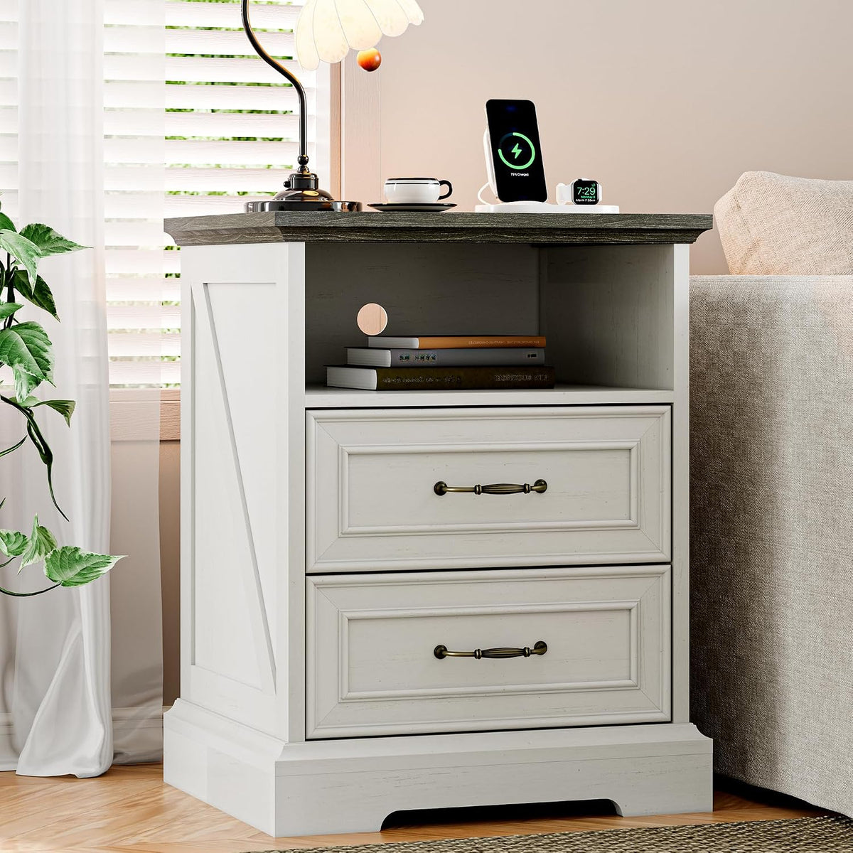Xixini Nightstand with Charging Station, Farmhouse Light Grey Bedside Table