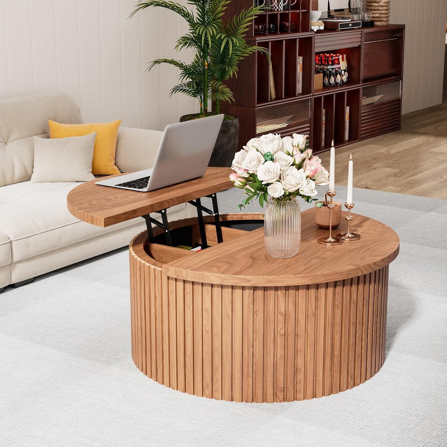 Fsbecl 34'' Round Fluted Lift Top Coffee Table with Hidden Storage, Walnut | Wooden Center Table, Lift Top Coffee Table for Living Room, Home Decor
