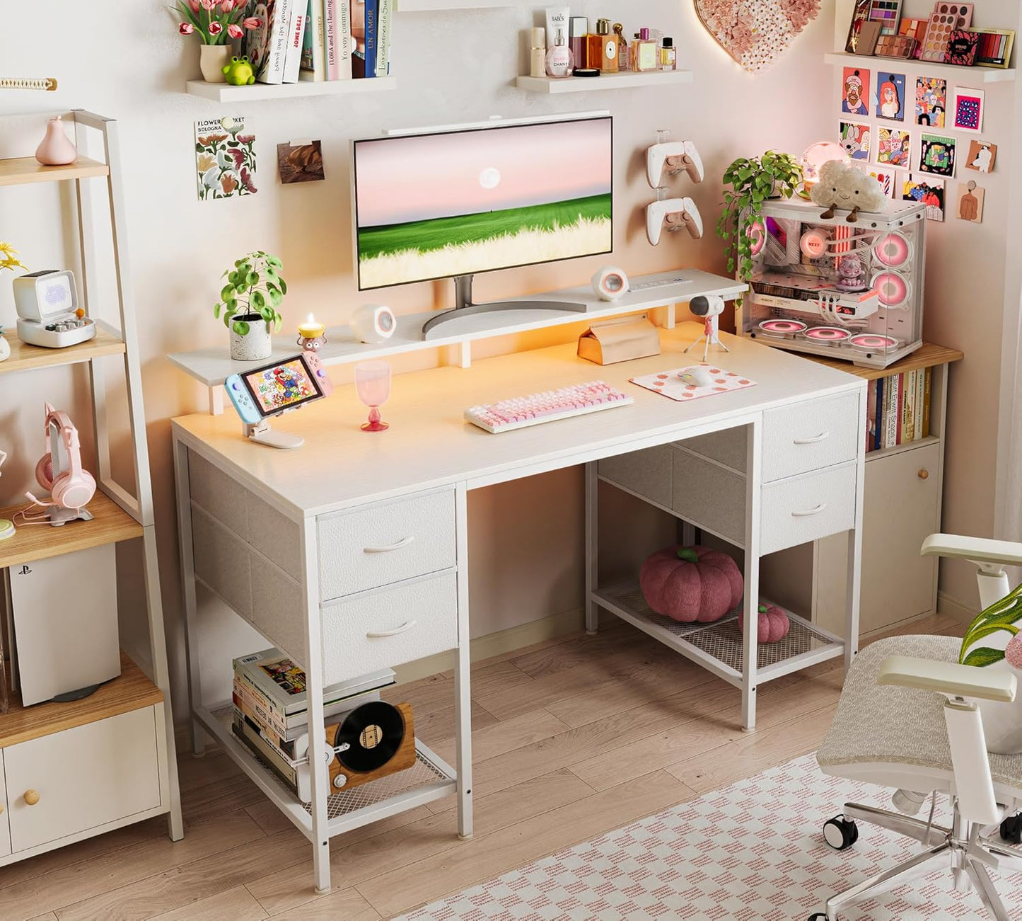 Huuger 47 inch Computer Desk with 4 Drawers, Gaming Desk with LED Lights & Power Outlets, Home Office Desk with Large Storage Space for Bedroom, Work from Home, White