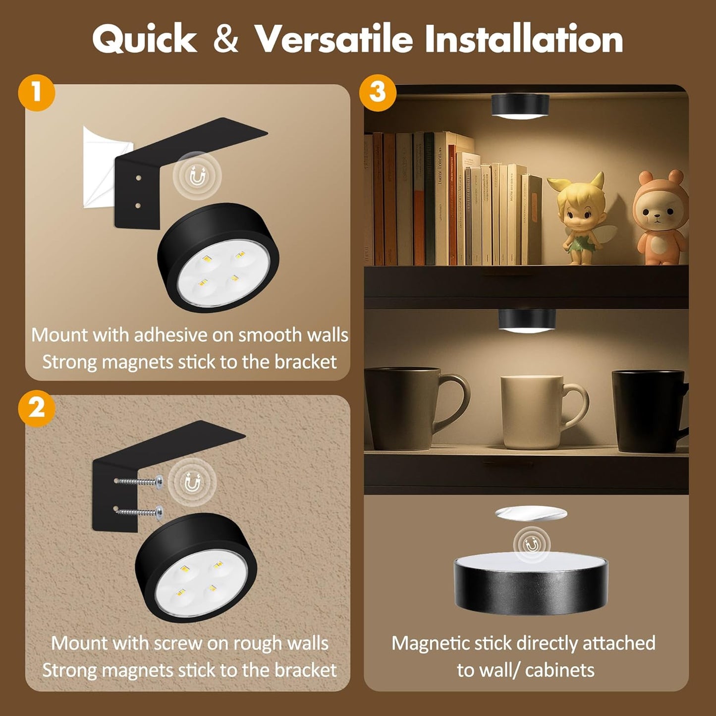 3Pcs Picture Lights for Wall Battery Operated, Magnetic Led Painting Light with Remote Dimmable and Timer, 3 Lighting Modes Art Display Light for Picture Frame, Wireless Wall Decor Puck Lights, Black