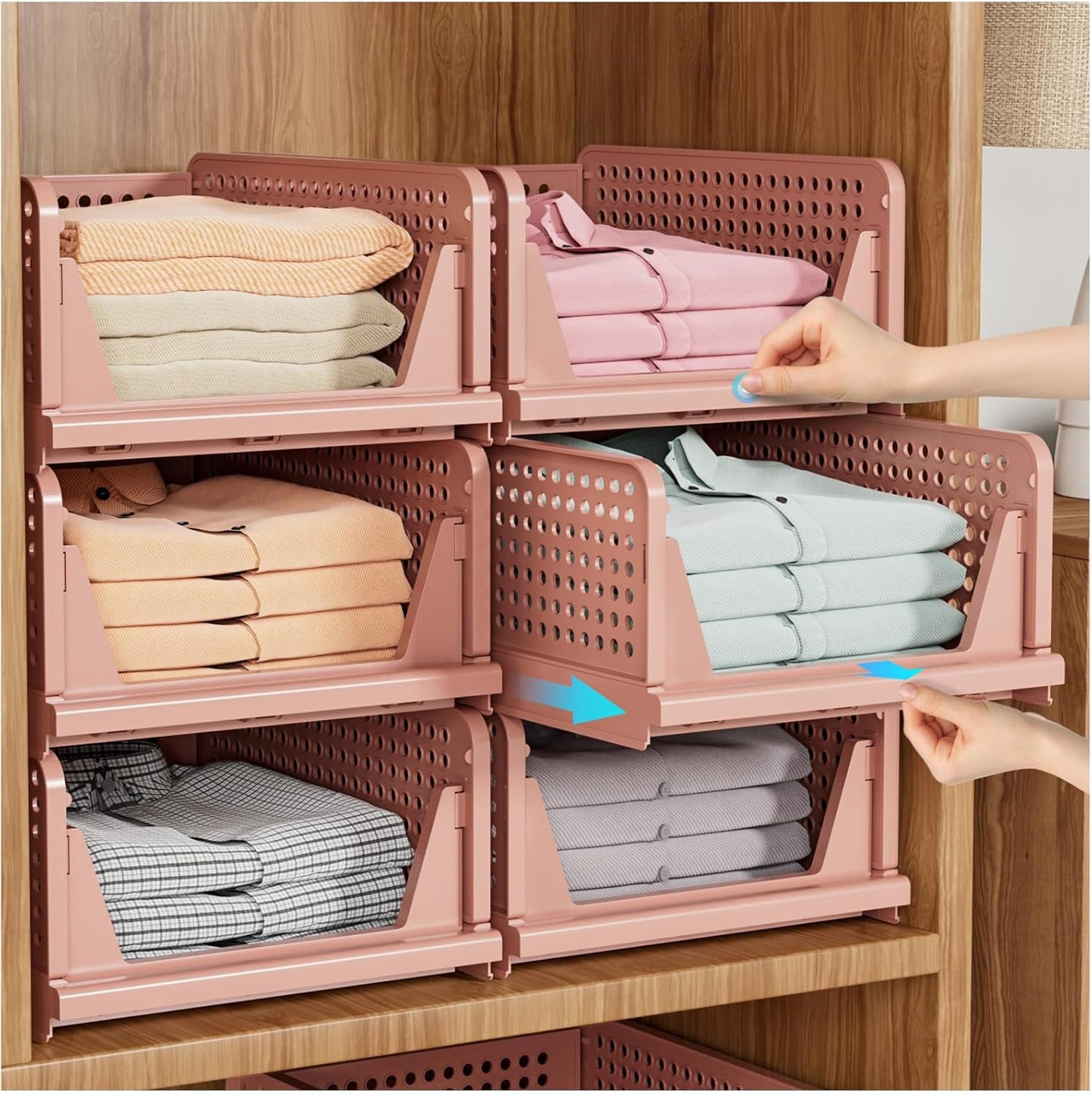 SNSLXH 5 Pack Stackable Closet Organizer Box, Multifunctional & Foldable Closet Storage Basket for Bathroom Kitchen Laundry Room Wardrobe Storage, Space-Saving Clothes Storage Drawer Organizer, Green