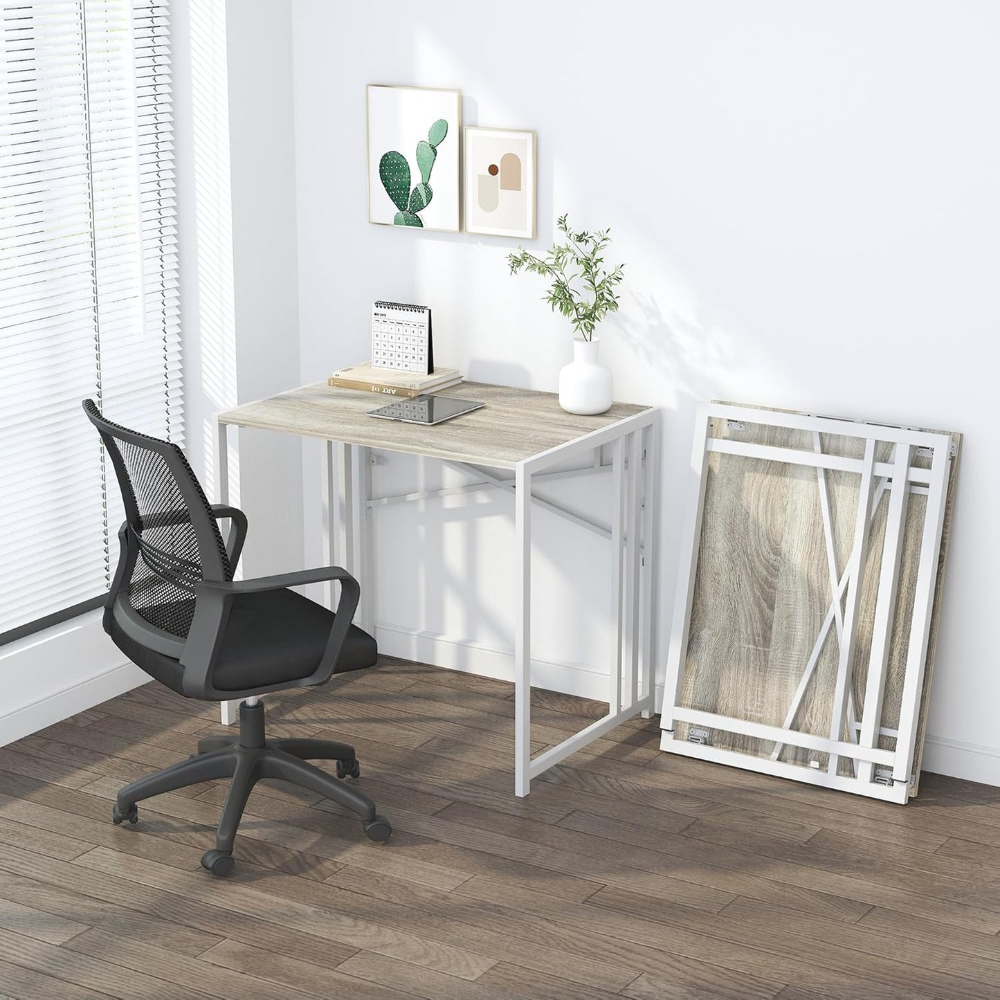 Lutown-Teen Small Folding Desk 32 inch, No Assembly Required Small Office Desk, Writing Gaming Computer Camping Desk, Beige