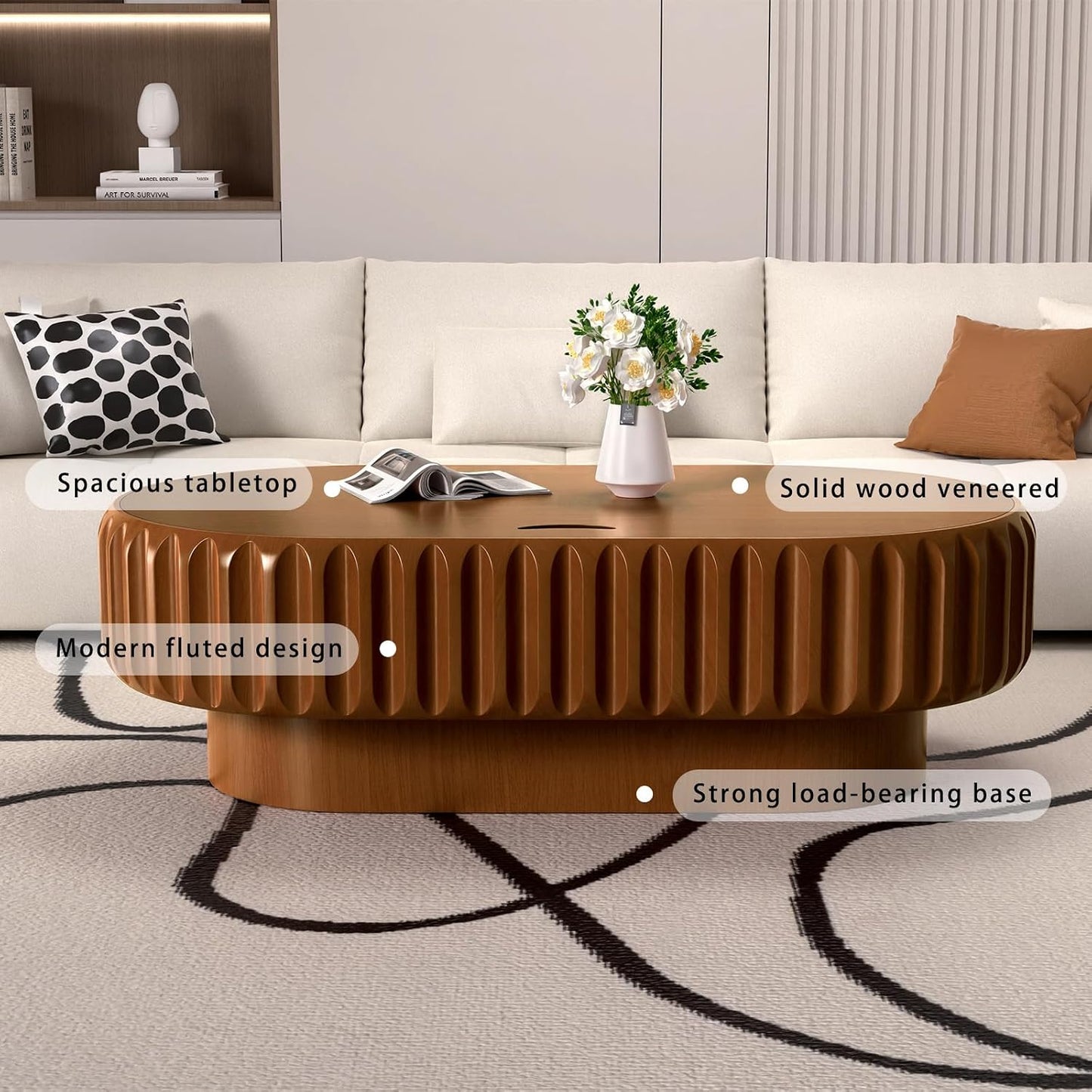 43.3 Inch Oval Drum Coffee Table with Storage (A Brown 43.3 in) | Handcraft Fluted Modern Wooden Cocktail Table, Sturdy Pedestal, Oval Center Table for Living Room, Apartment Organization